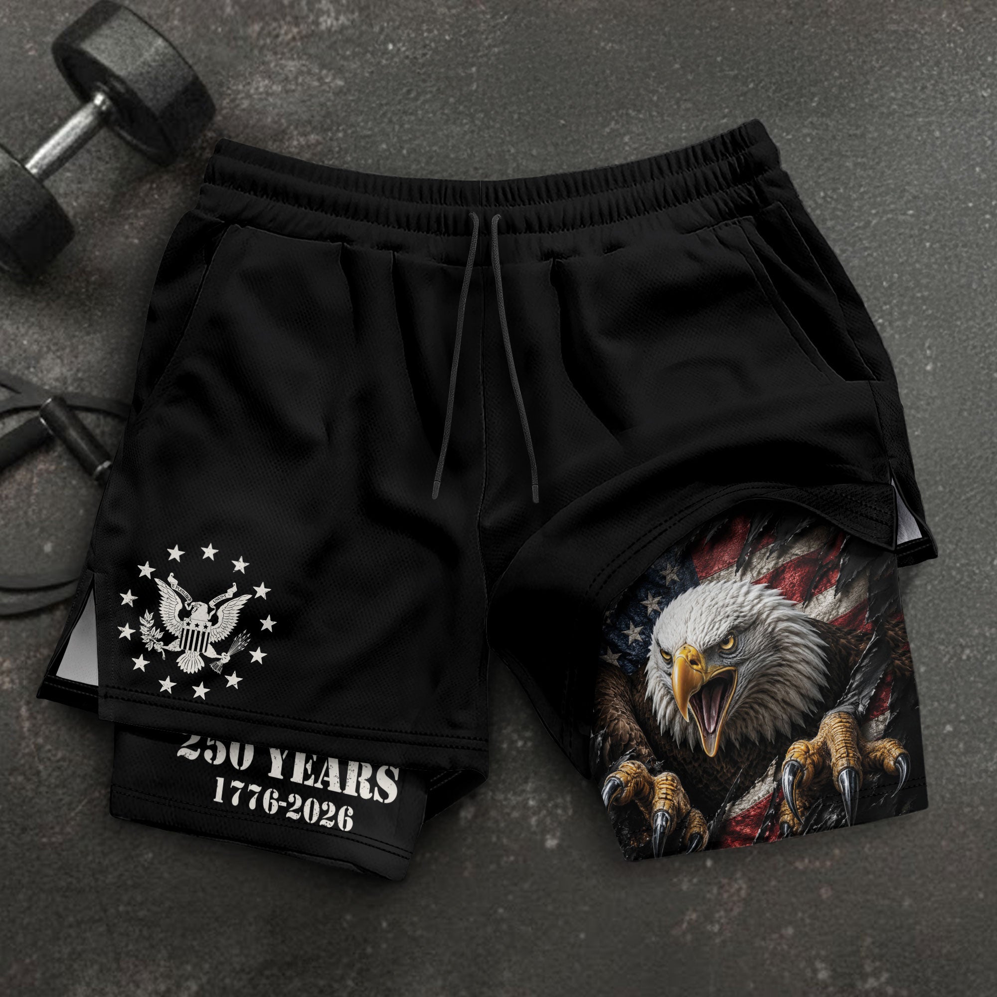 250 Years Eagle Gym Shorts 1776-2026 Patriotic American Flag Workout Shorts - Rust Field Wear