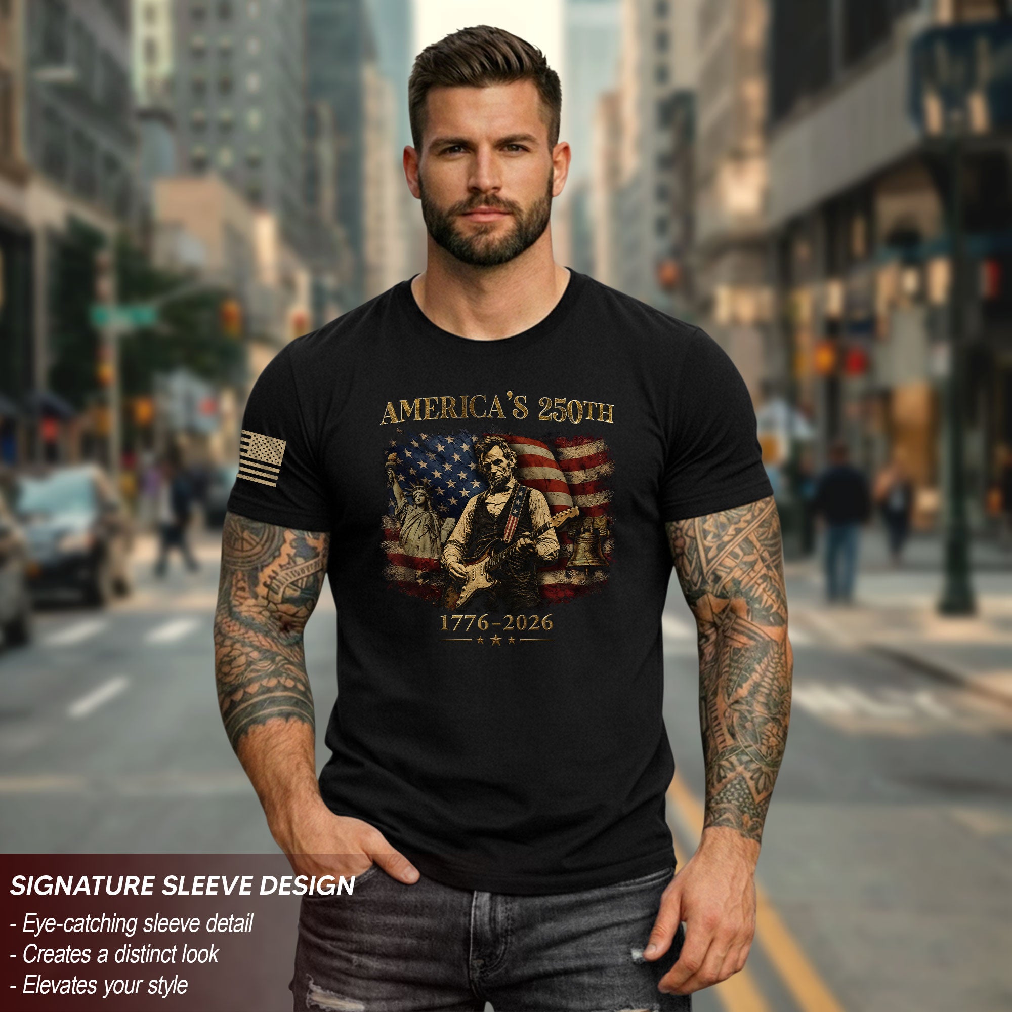 Liberty Bell Statue of Liberty Lincoln Guitar Shirt US Flag Patriotic 1776 2026 Tee