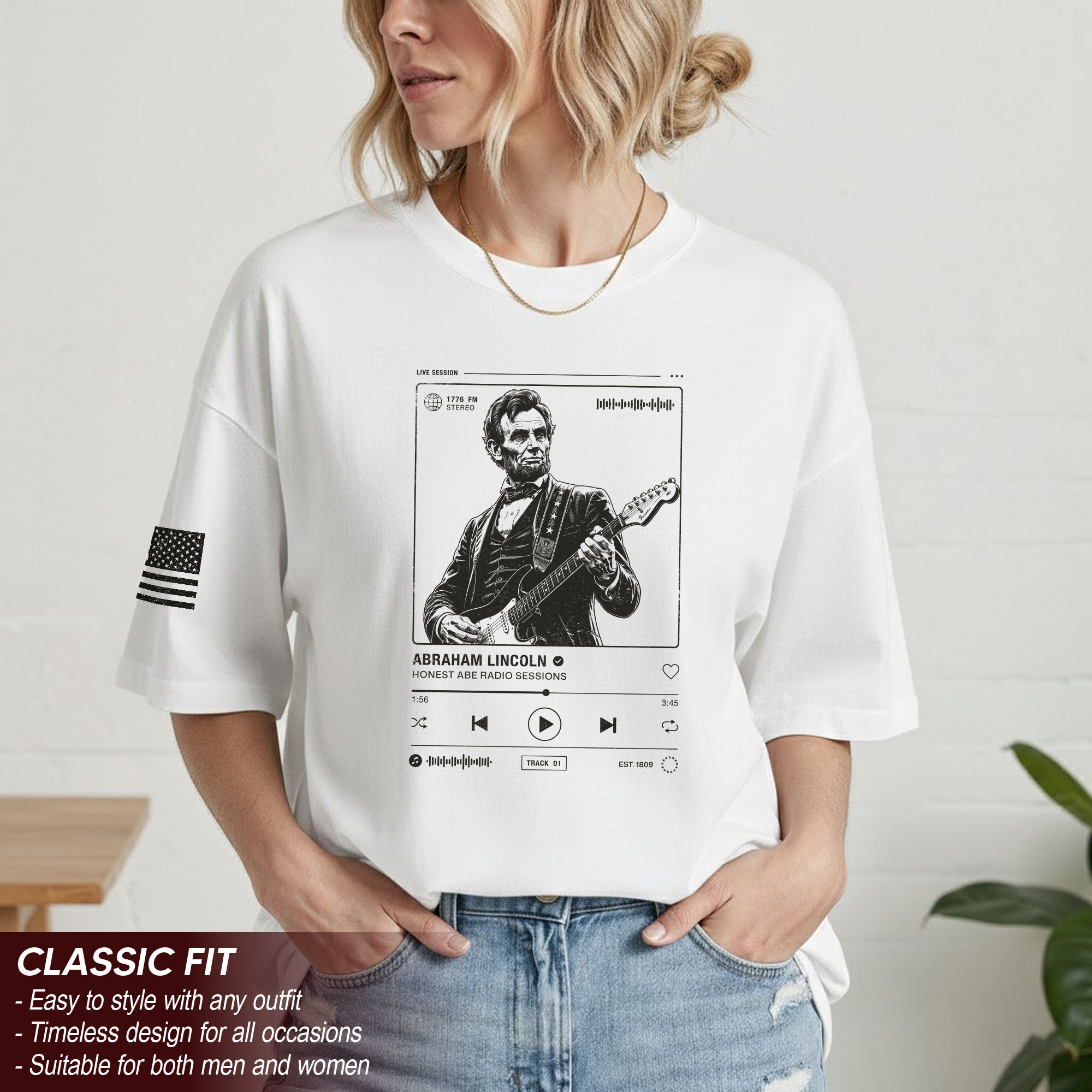 Abraham Lincoln Guitar Shirt Music Player Graphic Tee Patriotic Sketch Shirt