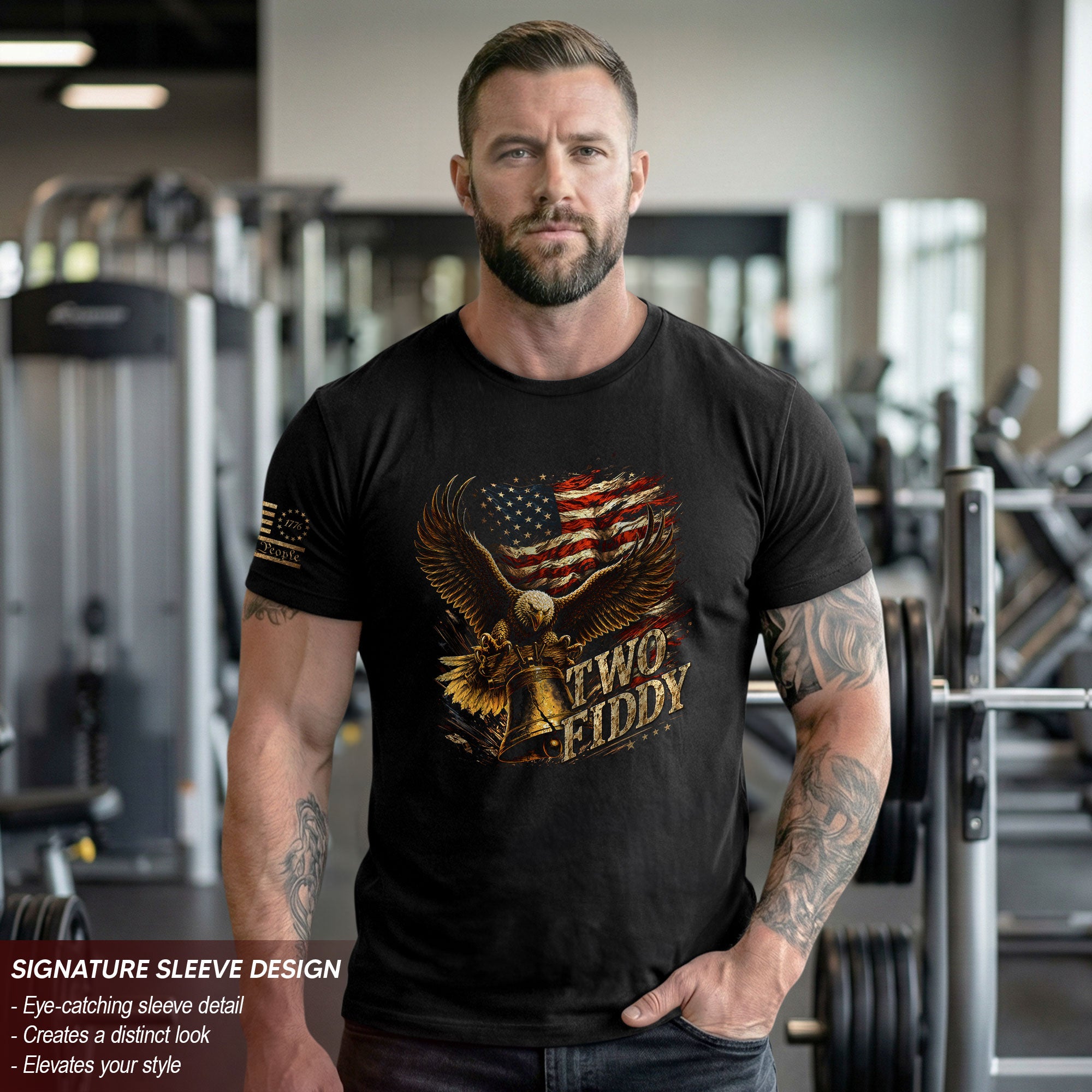 Iconic Patriotic Shirt - Two Fiddy Eagle Liberty Bell American Flag Graphic Design