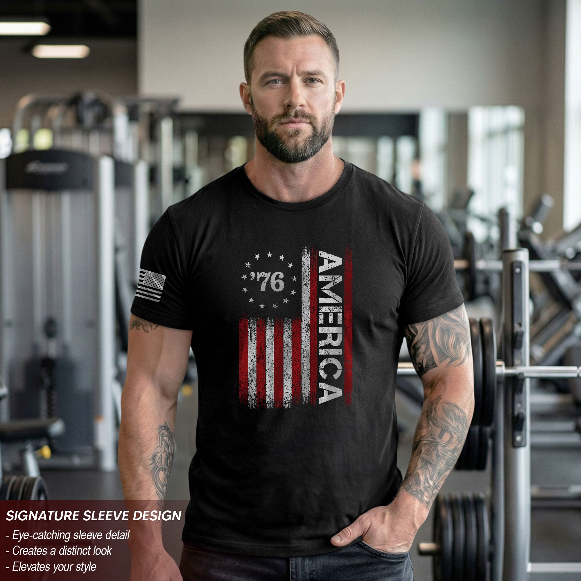 Classic Retro Style American Flag 76 Apparel Patriotic Graphic T-Shirt Holiday Wear