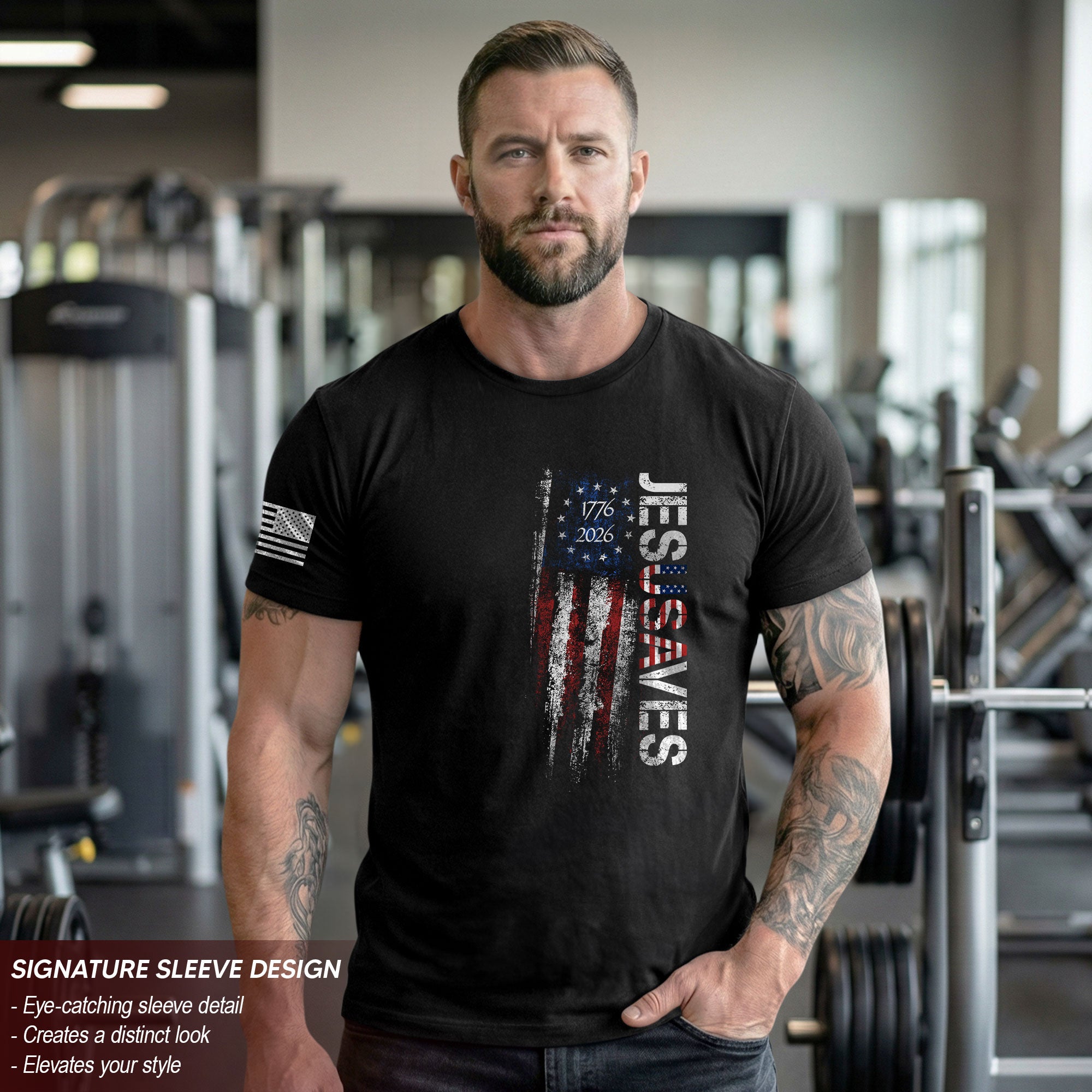 JESUSAVES T-Shirt USA Flag Patriotic 1776 2026 Betsy Ross Men Cotton Tee Shirt