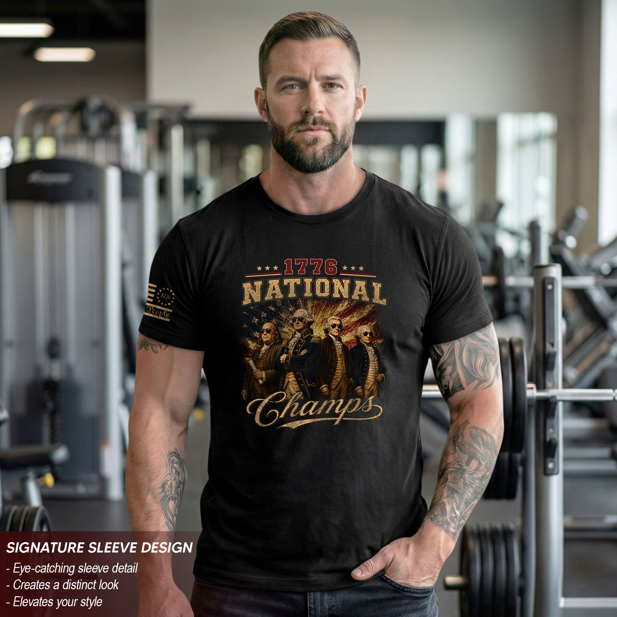 1776 National Champs Patriotic Graphic T-Shirt Founding Fathers Vintage Style Casual Apparel