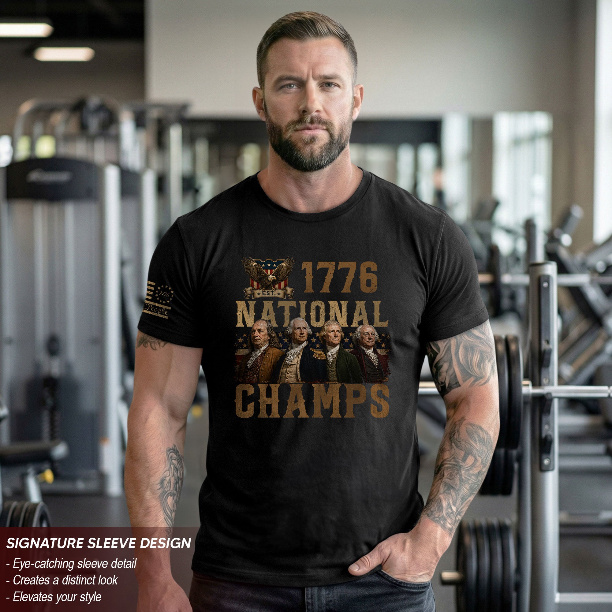1776 National Champs Patriotic Graphic Tee Founding Fathers Vintage Style Short Sleeve T-Shirt