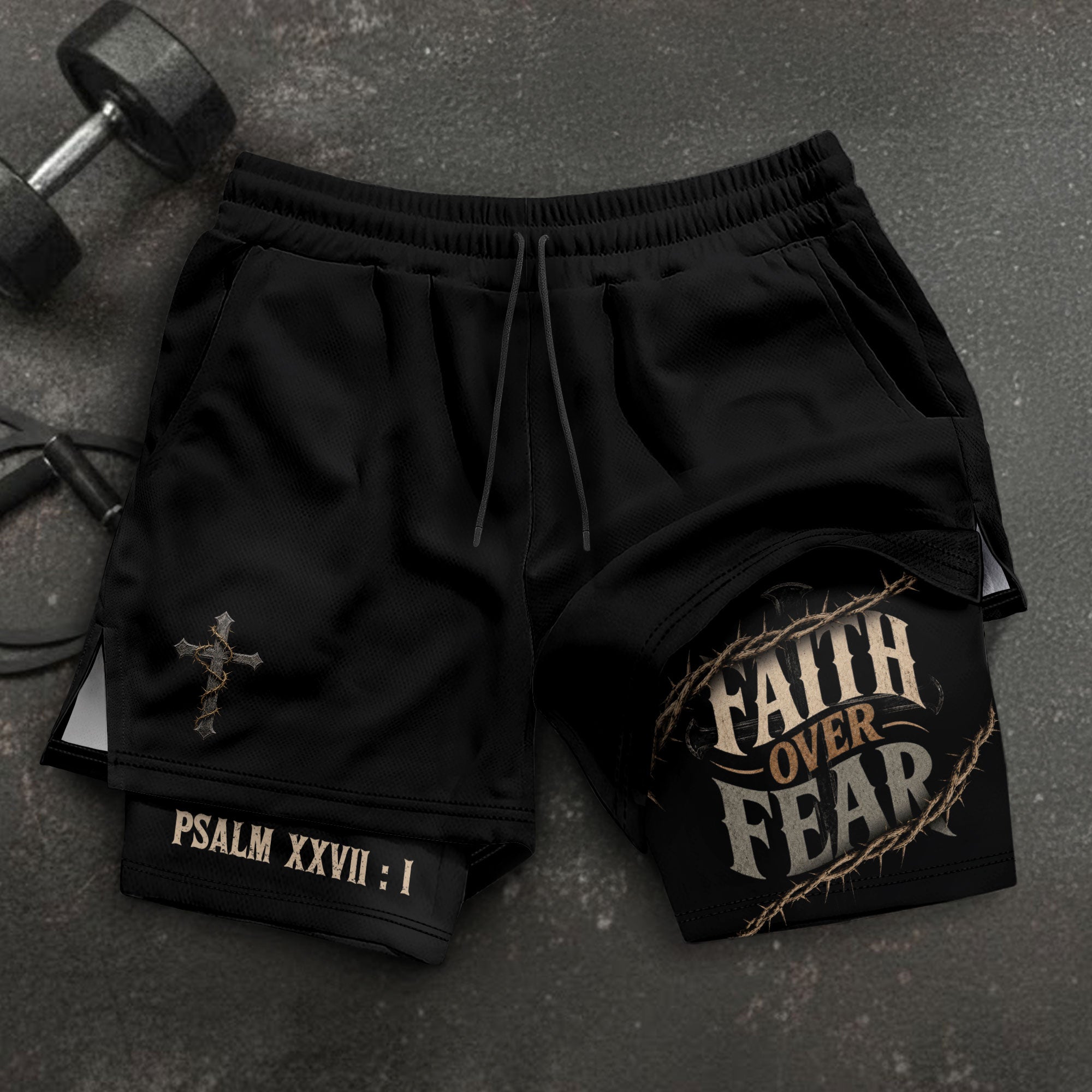 Men's Faith Over Fear Double Layer Track Shorts - Christian Psalm 27:1 Gym Shorts