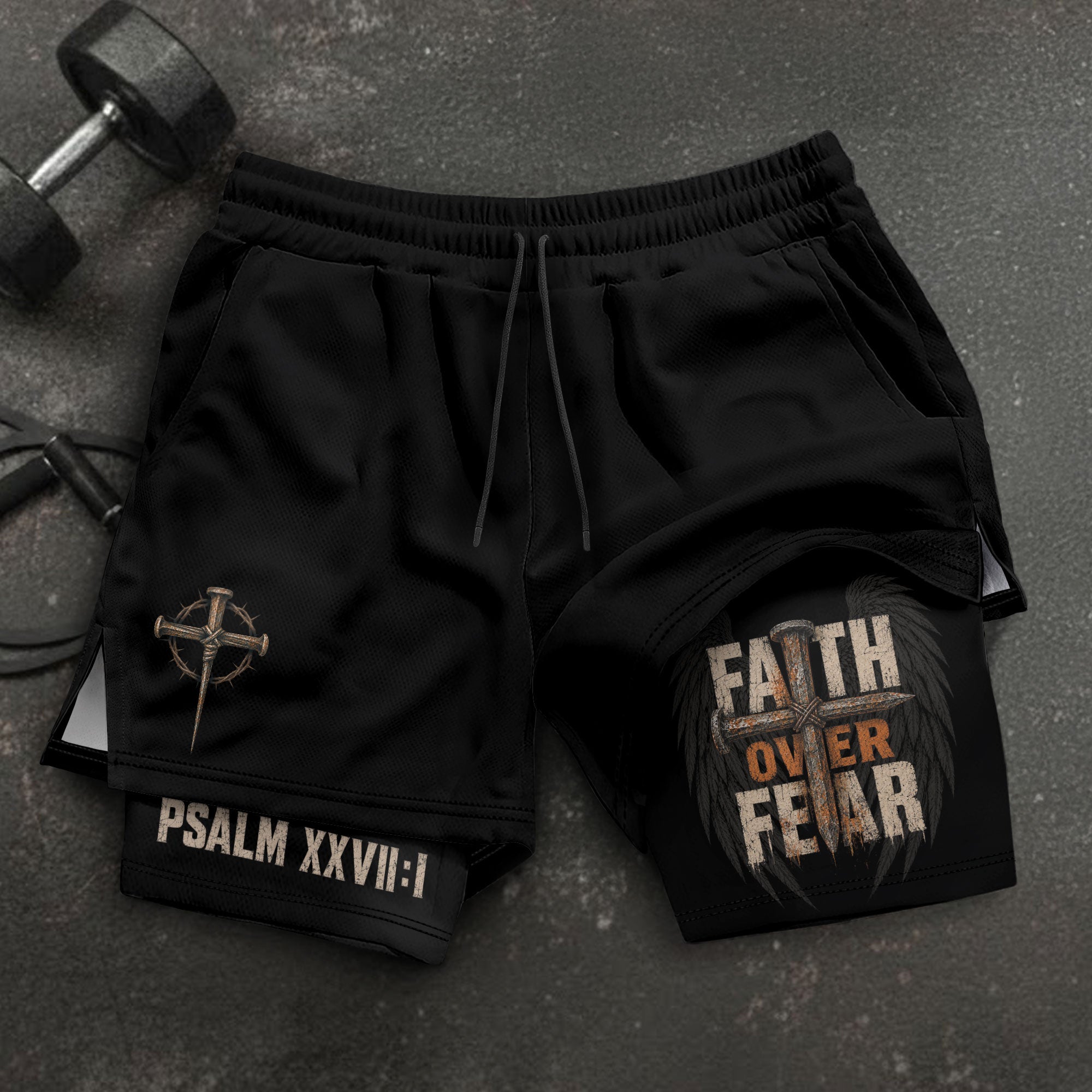 Psalm 27:1 Faith Over Fear Men's Double Layer Track Shorts - Christian Cross Workout Shorts