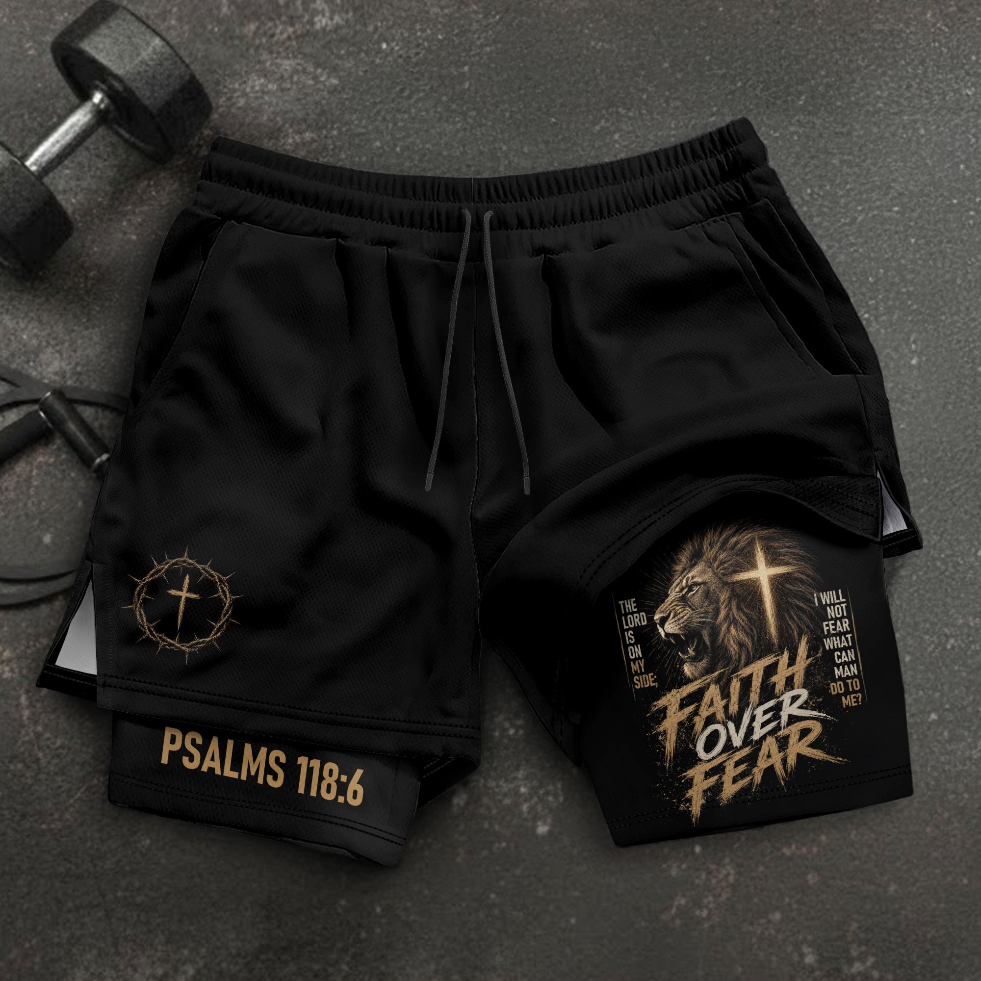 Psalms 118:6 Lion Faith Over Fear Men's Double Layer Track Shorts - Christian Gym Shorts