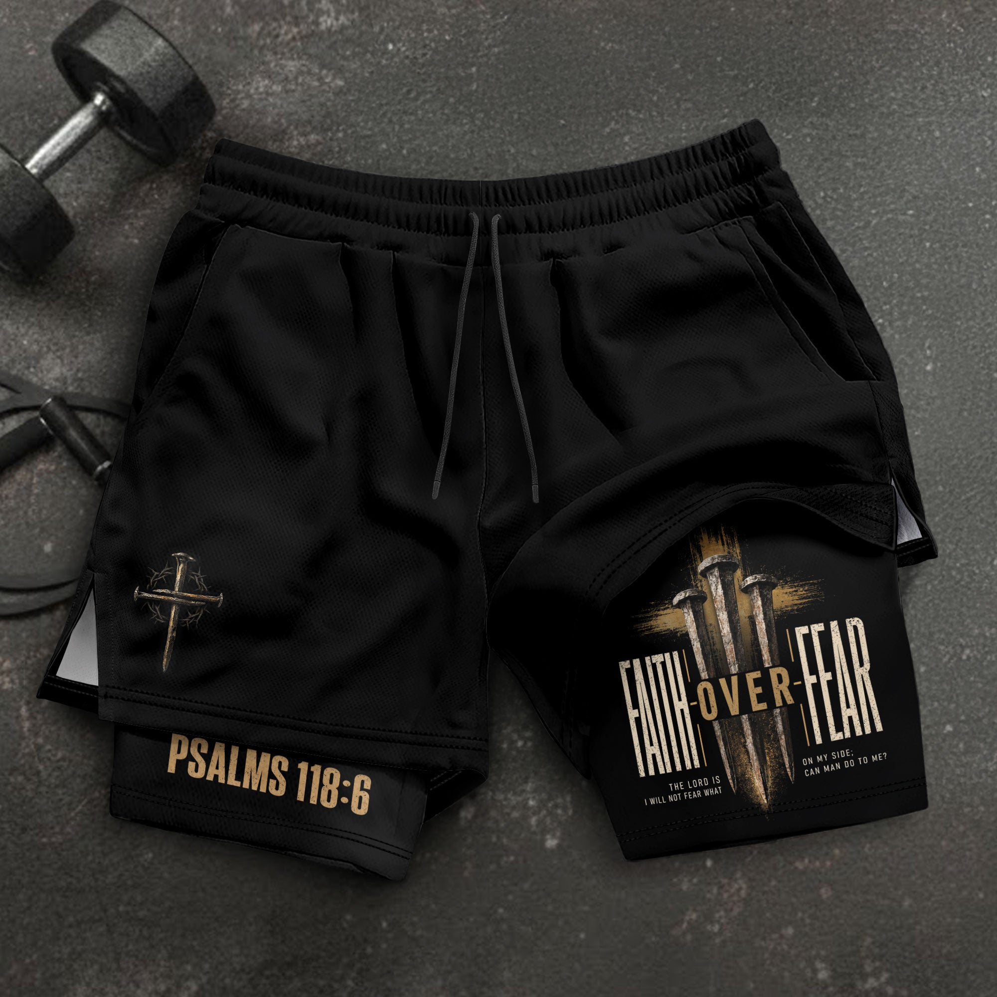 Psalms 118:6 Faith Over Fear Men's Double Layer Track Shorts - Christian Nail Cross Shorts