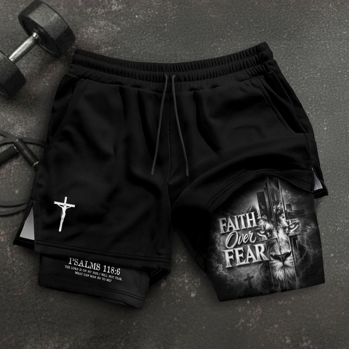 Faith Over Fear Mens Double Layer Track Shorts Christian Gym Athletic Shorts Psalms 118:6 - Rust Field Wear