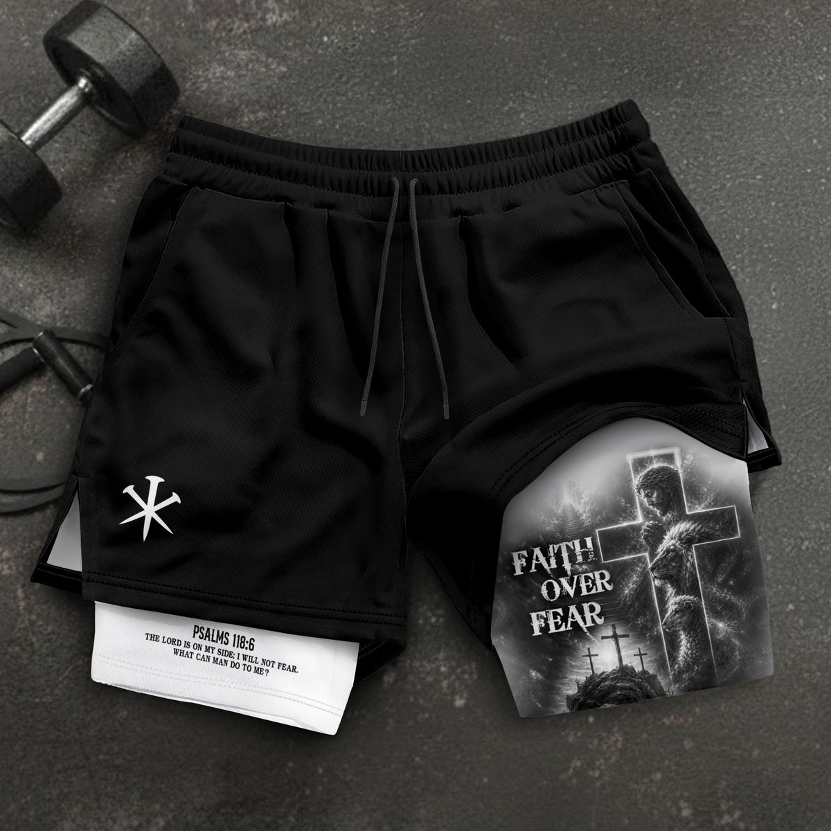 Faith Over Fear Double Layer Track Shorts Mens Christian Athletic Gym Shorts Cross Lion - Rust Field Wear