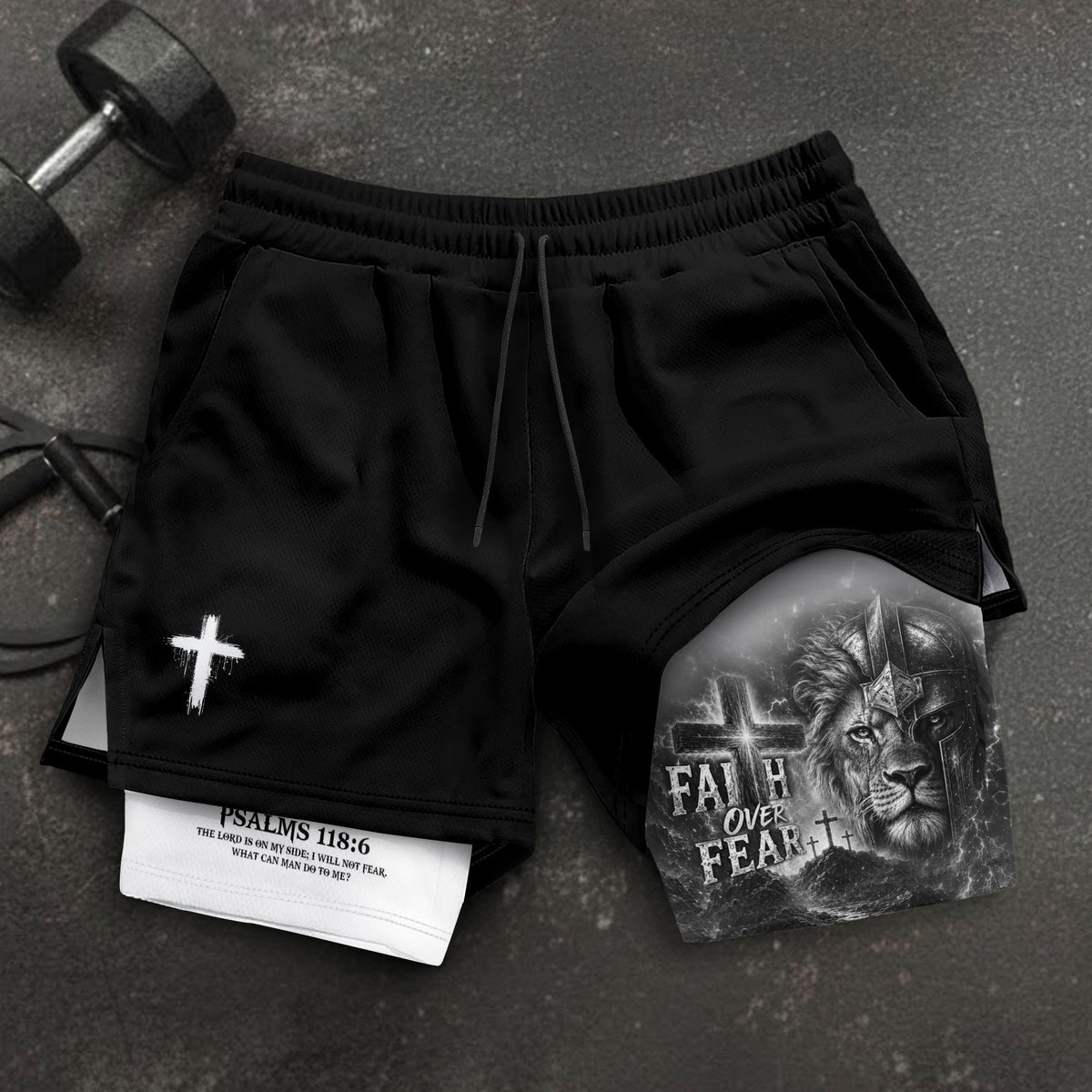 Faith Over Fear Mens Double Layer Track Shorts Warrior Lion Christian Gym Shorts Psalms 118:6 - Rust Field Wear