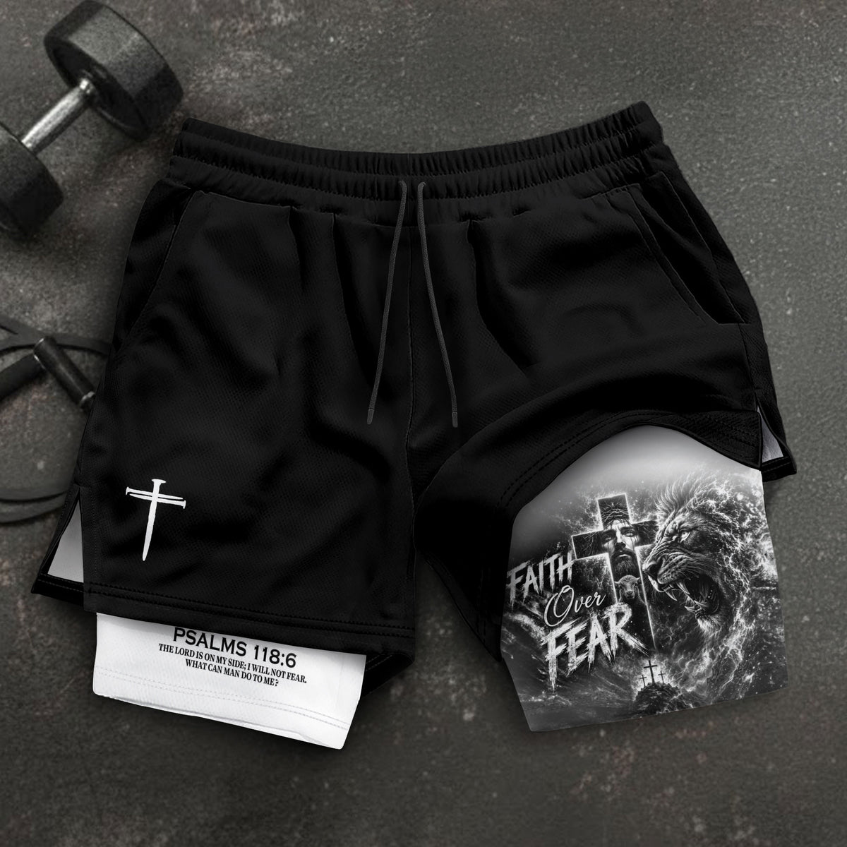 Mens Double Layer Track Shorts Faith Over Fear Christian Gym Workout Shorts Psalms 118:6 - Rust Field Wear