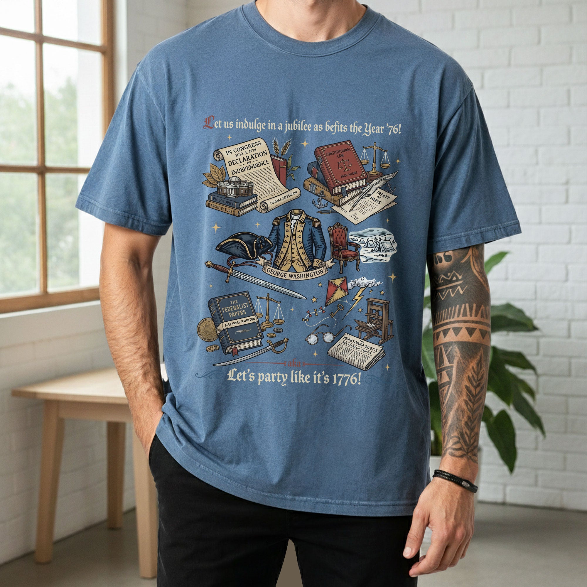 Vintage 1776 American Heritage Shirt Patriotic History Icons Independence Day