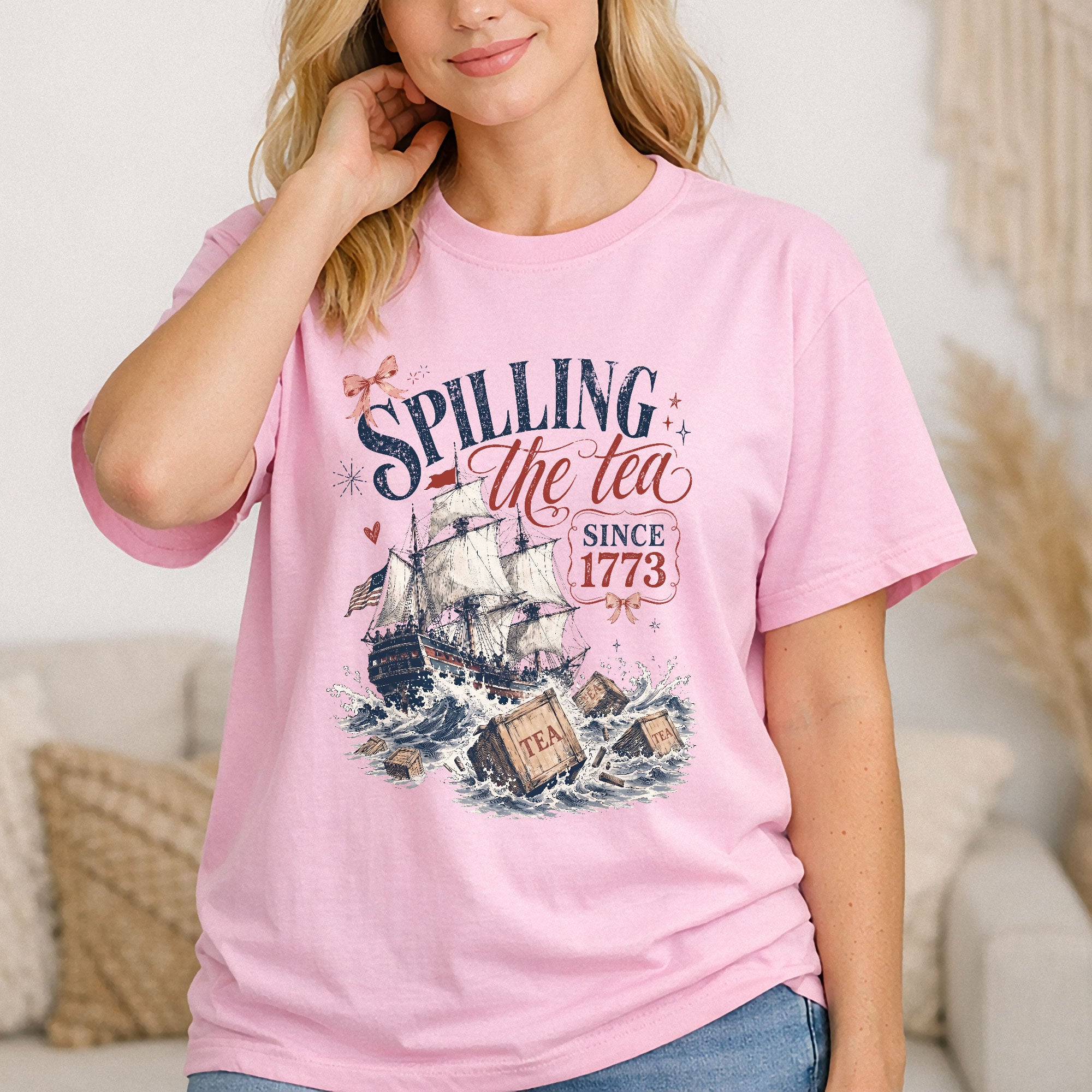 Spilling The Tea Since 1773 Shirt Cute Coquette Bow Graphic Tee Boston Tea Party Top