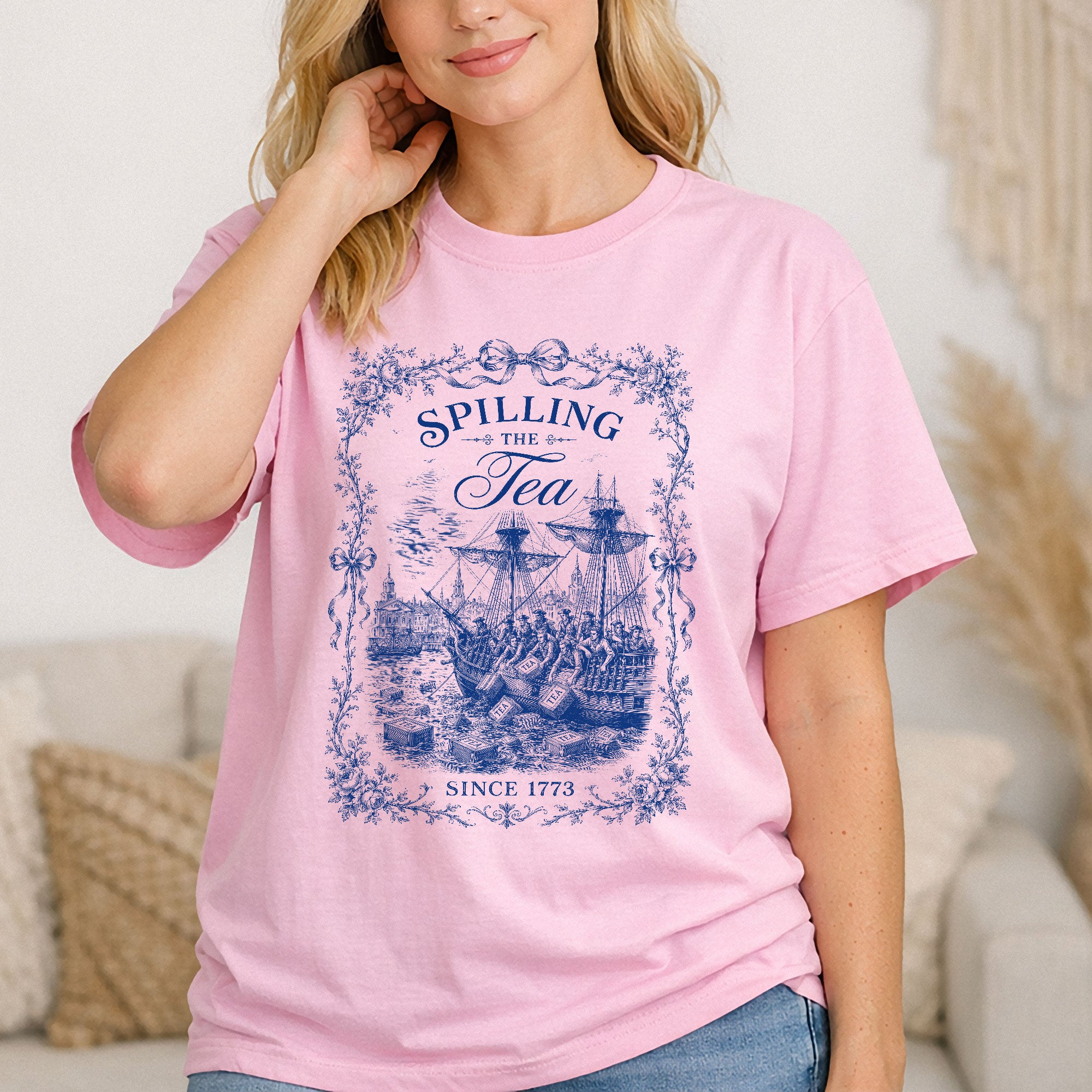 Spilling The Tea Since 1773 Shirt Vintage Blue Floral Tee Classic Boston Tea Party Top