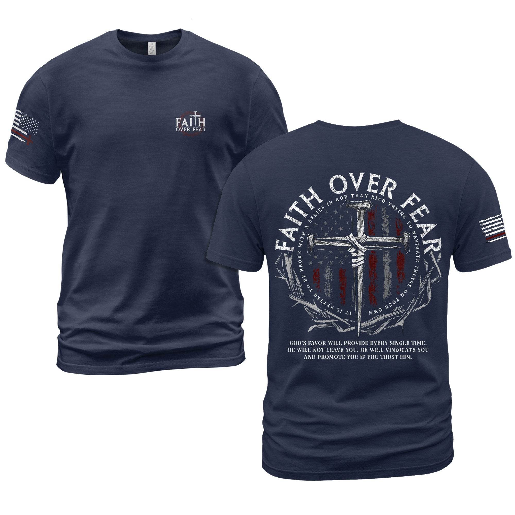 Faith Over Fear Cross With Crown of Thorns and American Flag Christian T-Shirt - Rust Field Wear