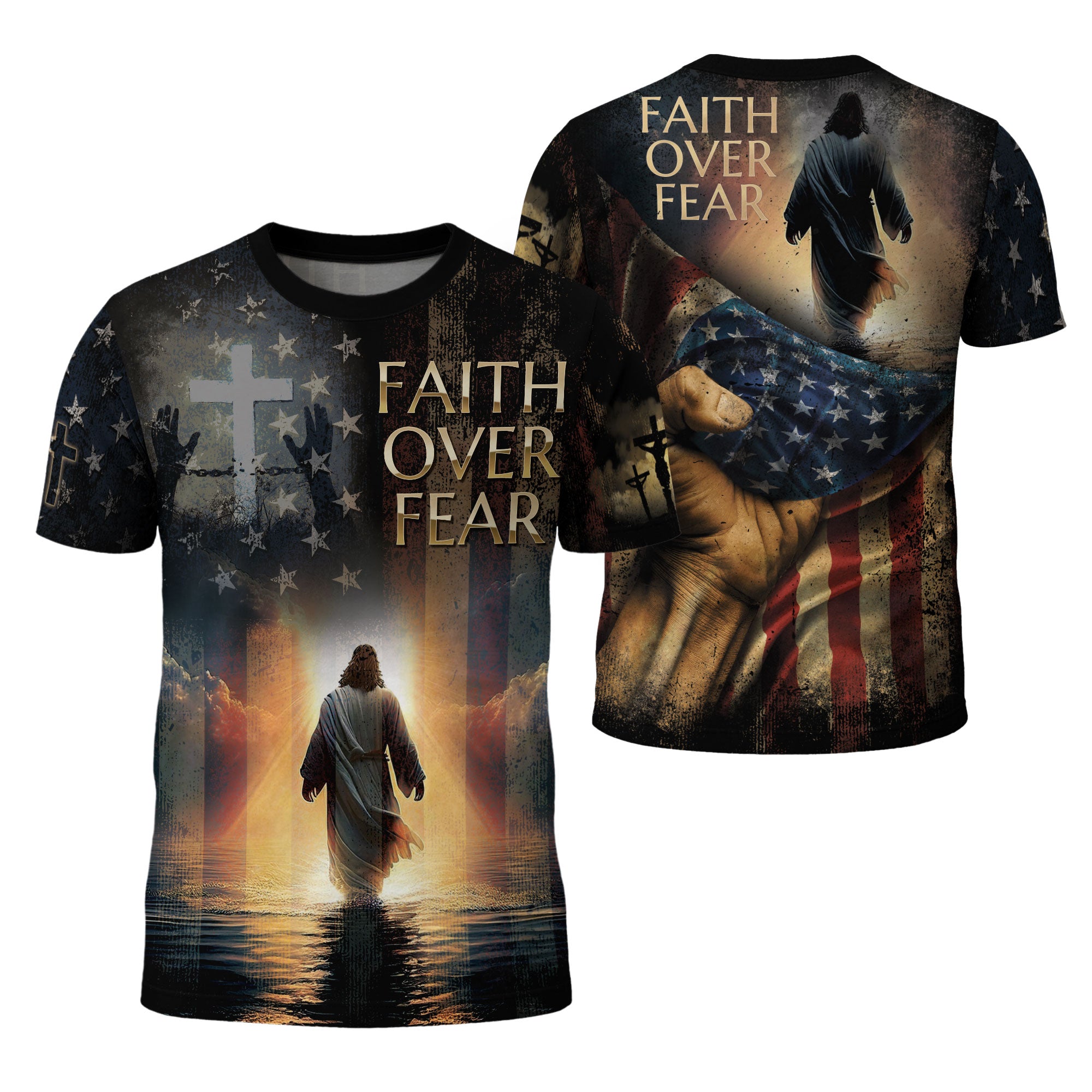 Faith Over Fear Jesus Walks On Water Christian Patriotic T-Shirt