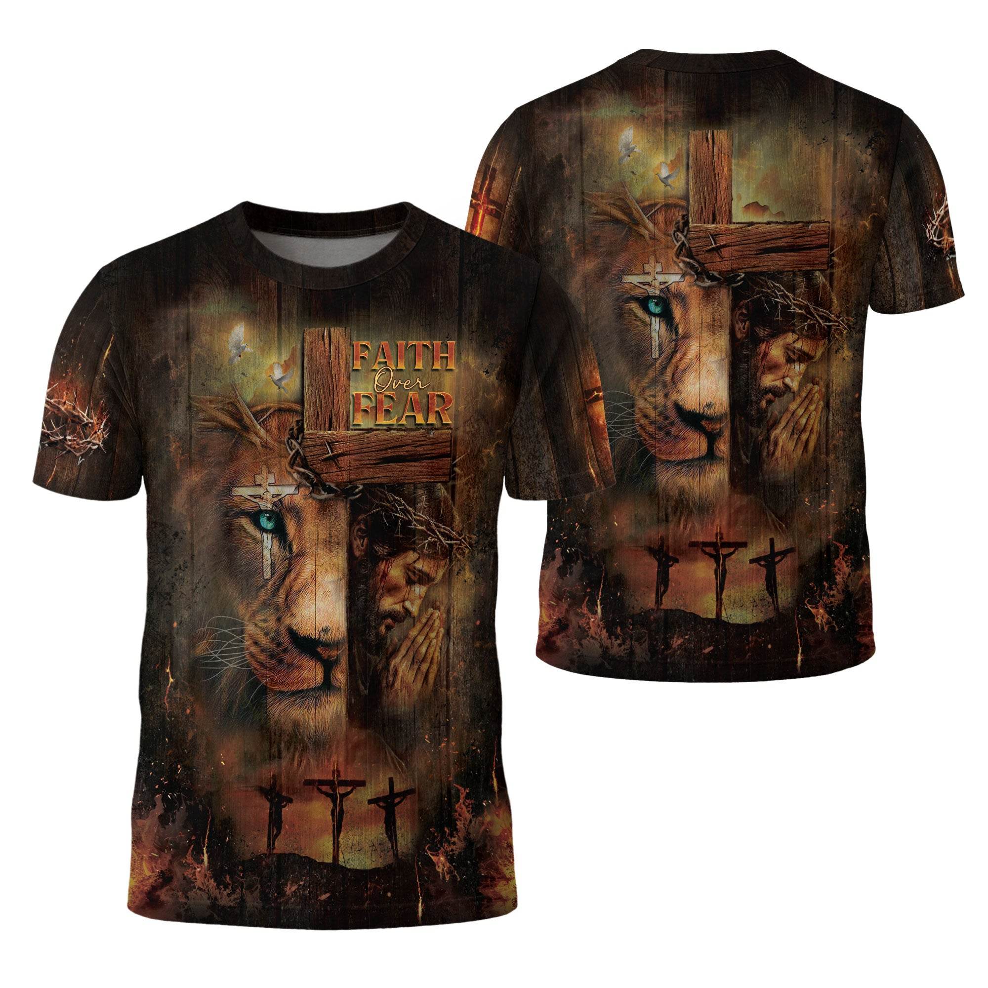 Faith Over Fear Lion & Cross Christian T-Shirt - Rust Field Wear