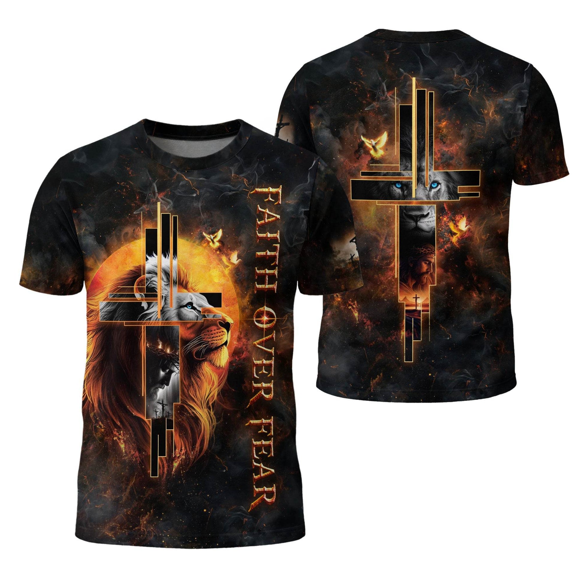 Faith Over Fear Cross Lion & Jesus T-Shirt - Rust Field Wear