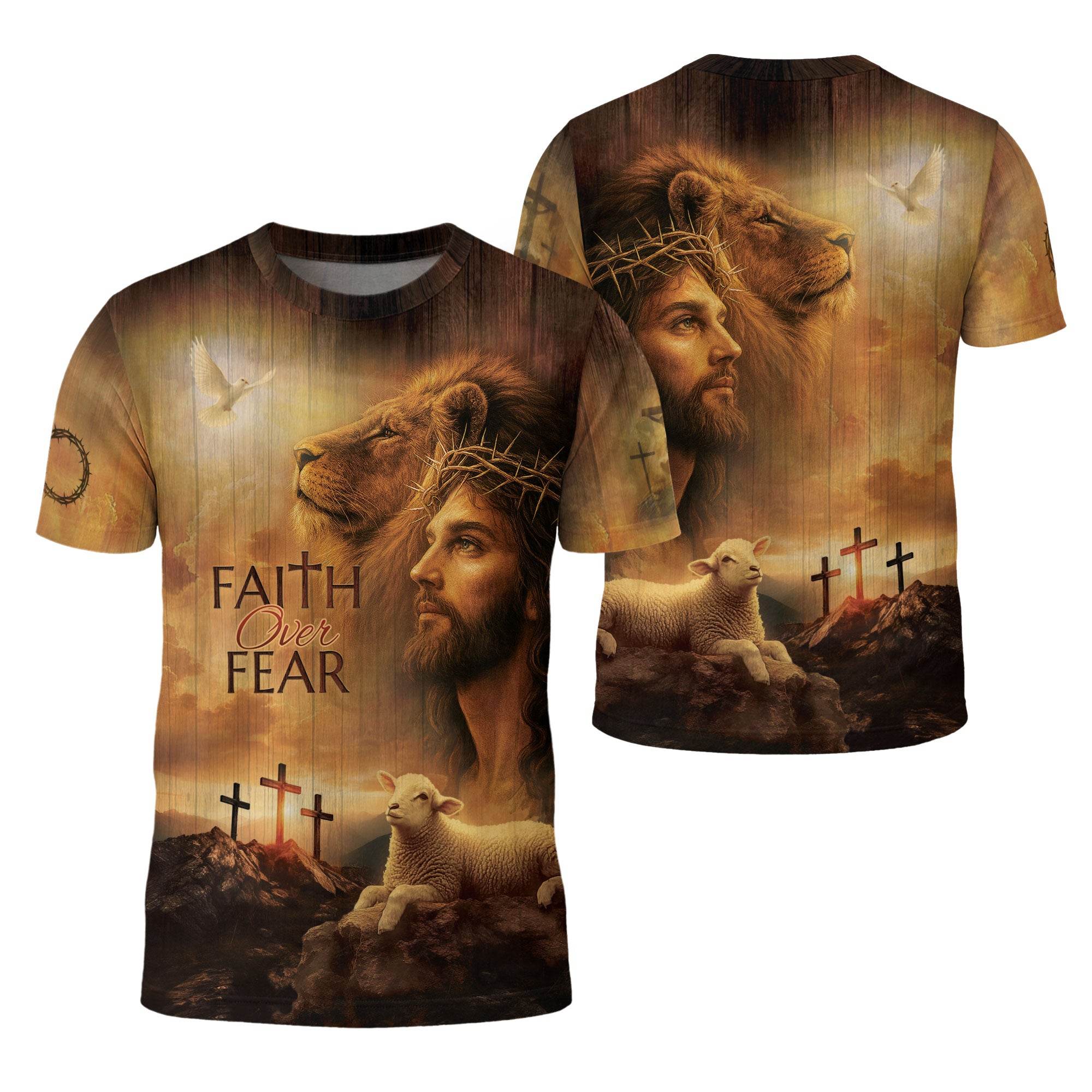 Faith Over Fear Lion, Jesus & Lamb T-Shirt - Rust Field Wear