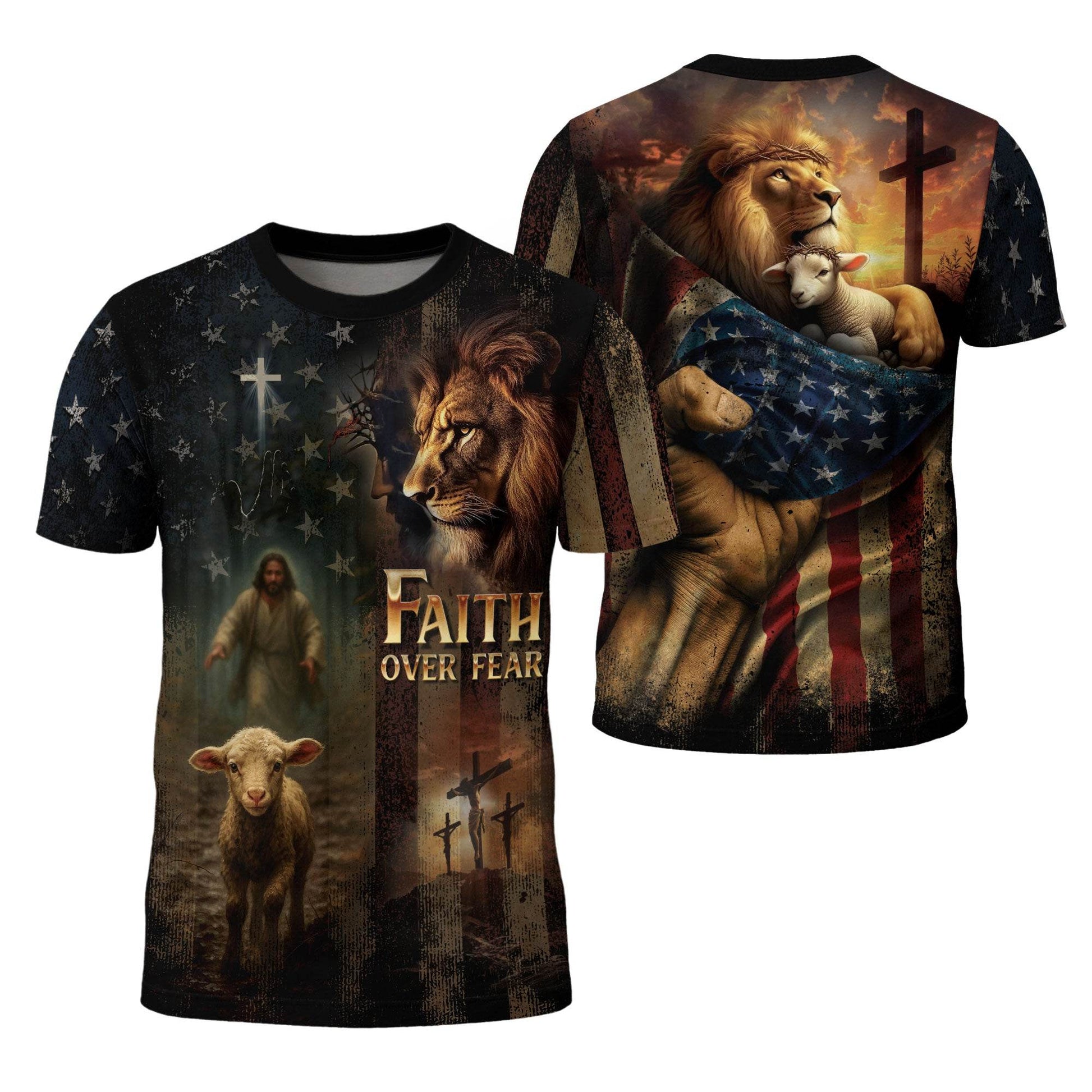 Faith Over Fear Lion & Lamb Christian Cross T-Shirt - Rust Field Wear