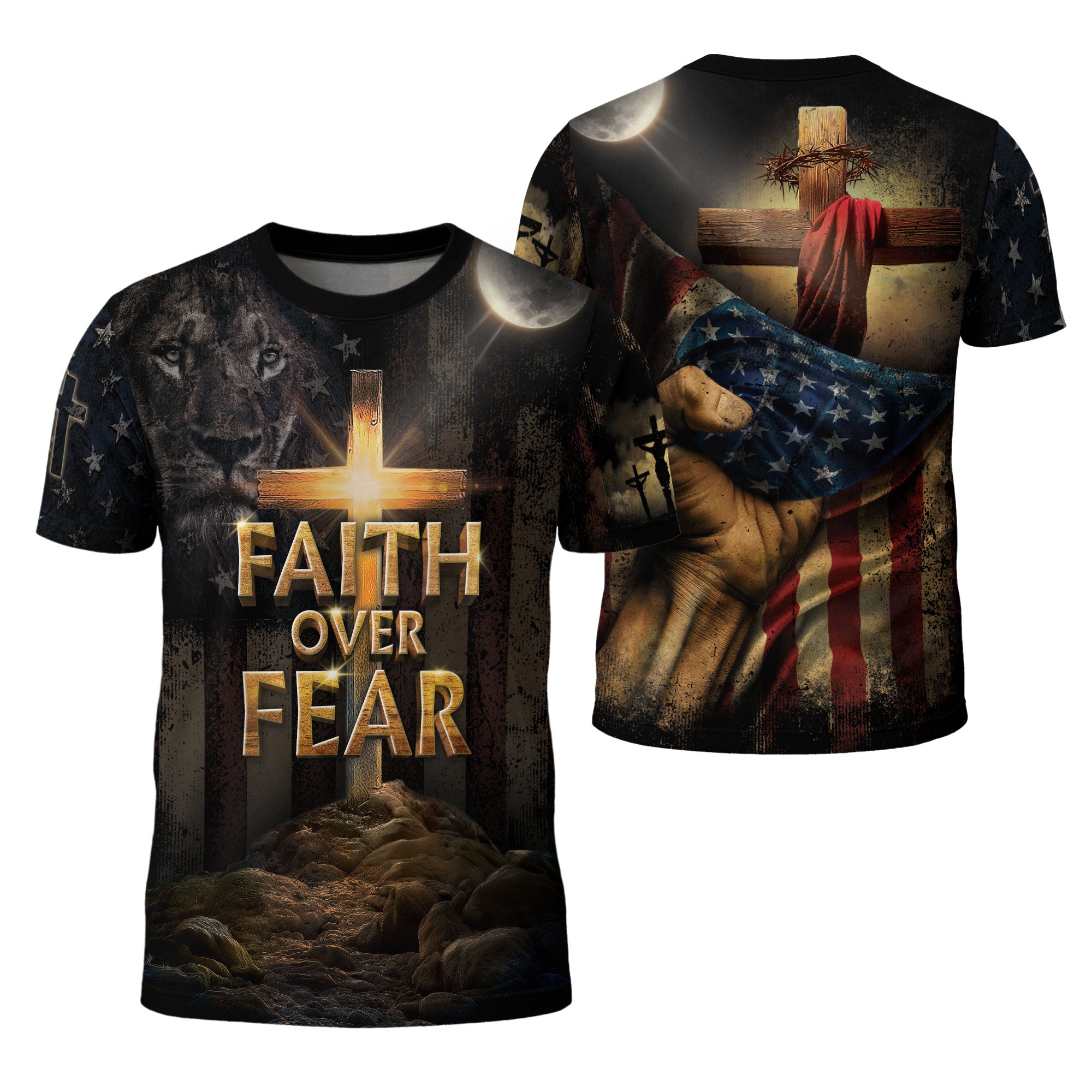 Faith Over Fear | Cross of Light & Warrior Lion Christian Shirt