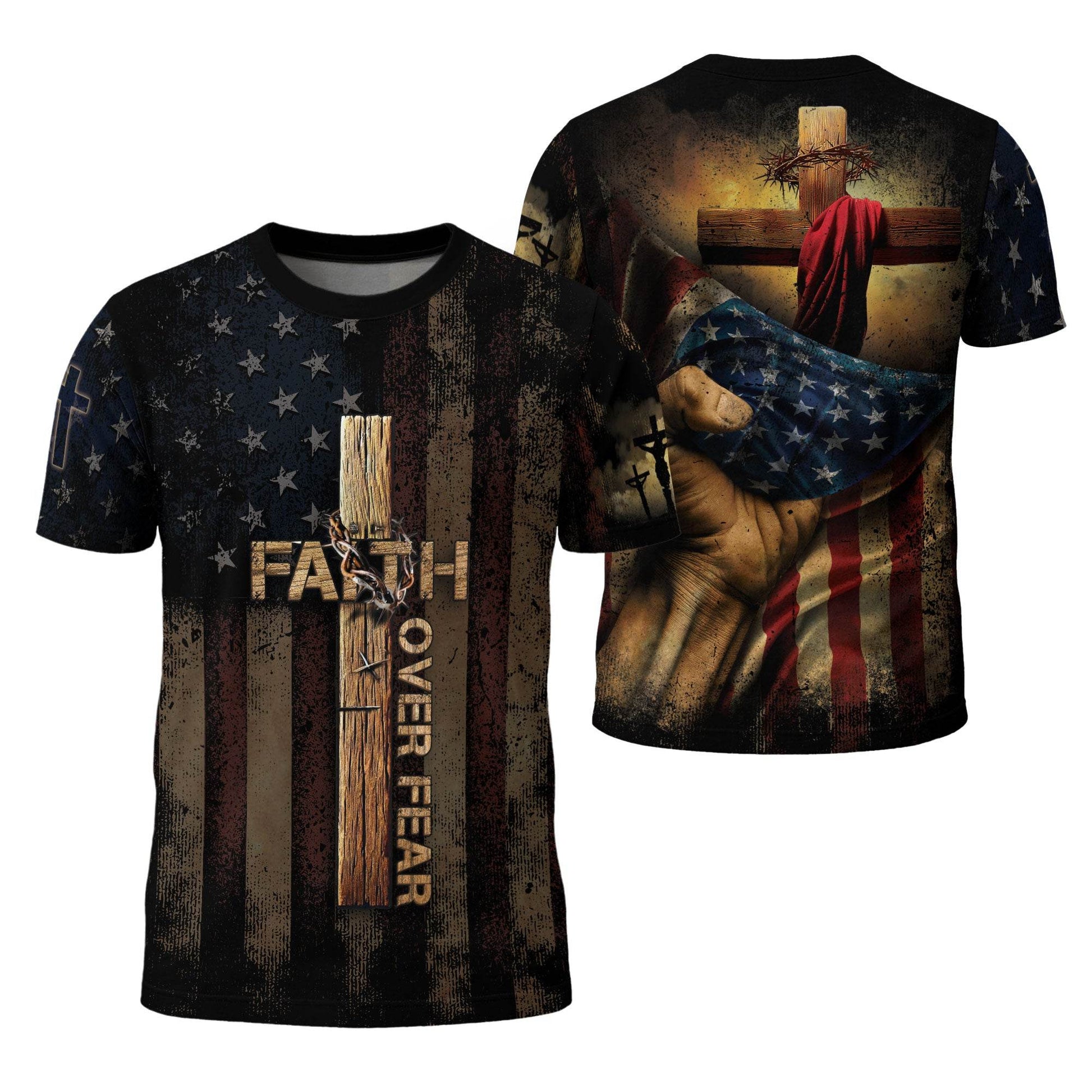 FAITH OVER FEAR | Cross & Crown of Thorns Patriotic Tee - Rust Field Wear