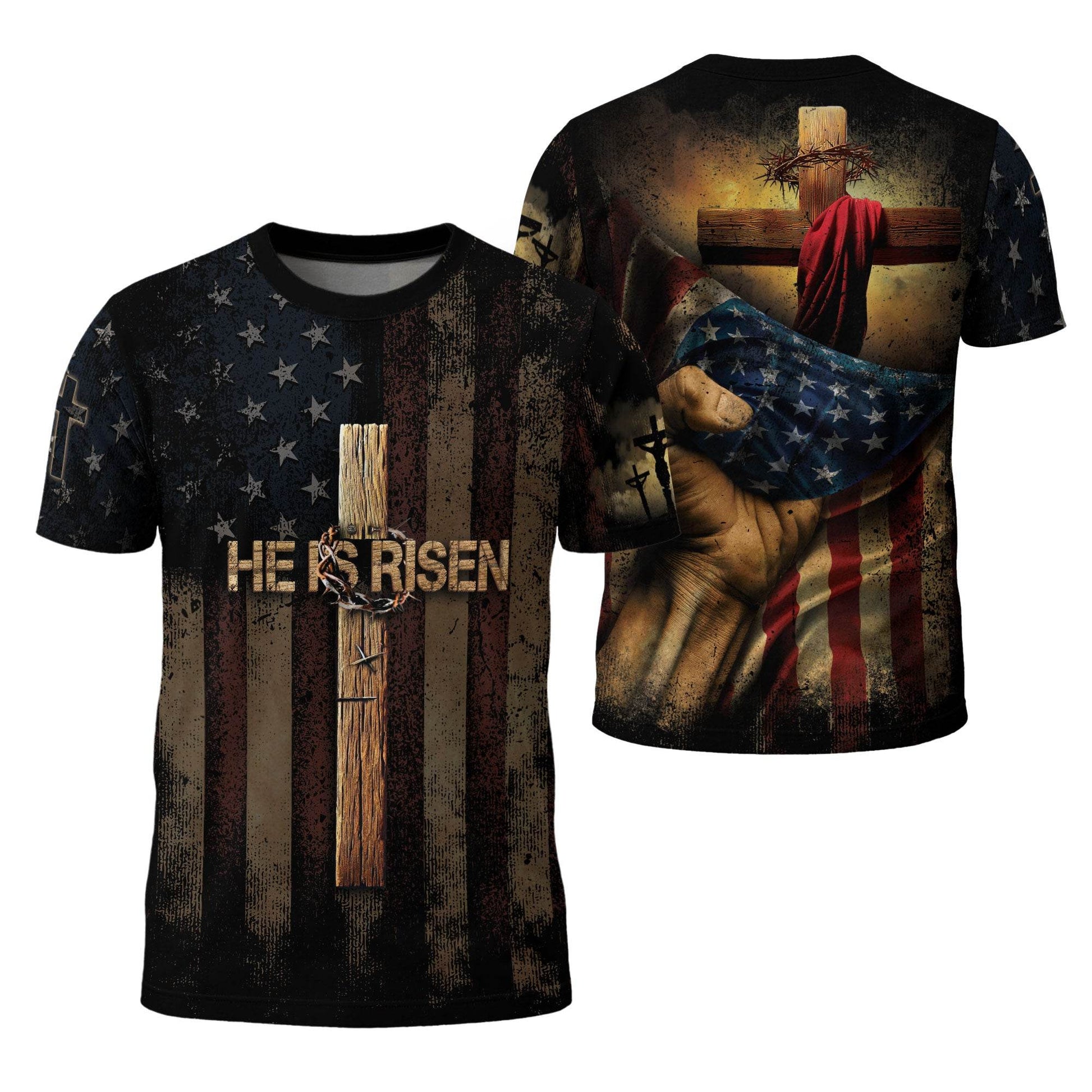HE IS RISEN | Christian Cross & Resurrection Patriotic Tee - Rust Field Wear