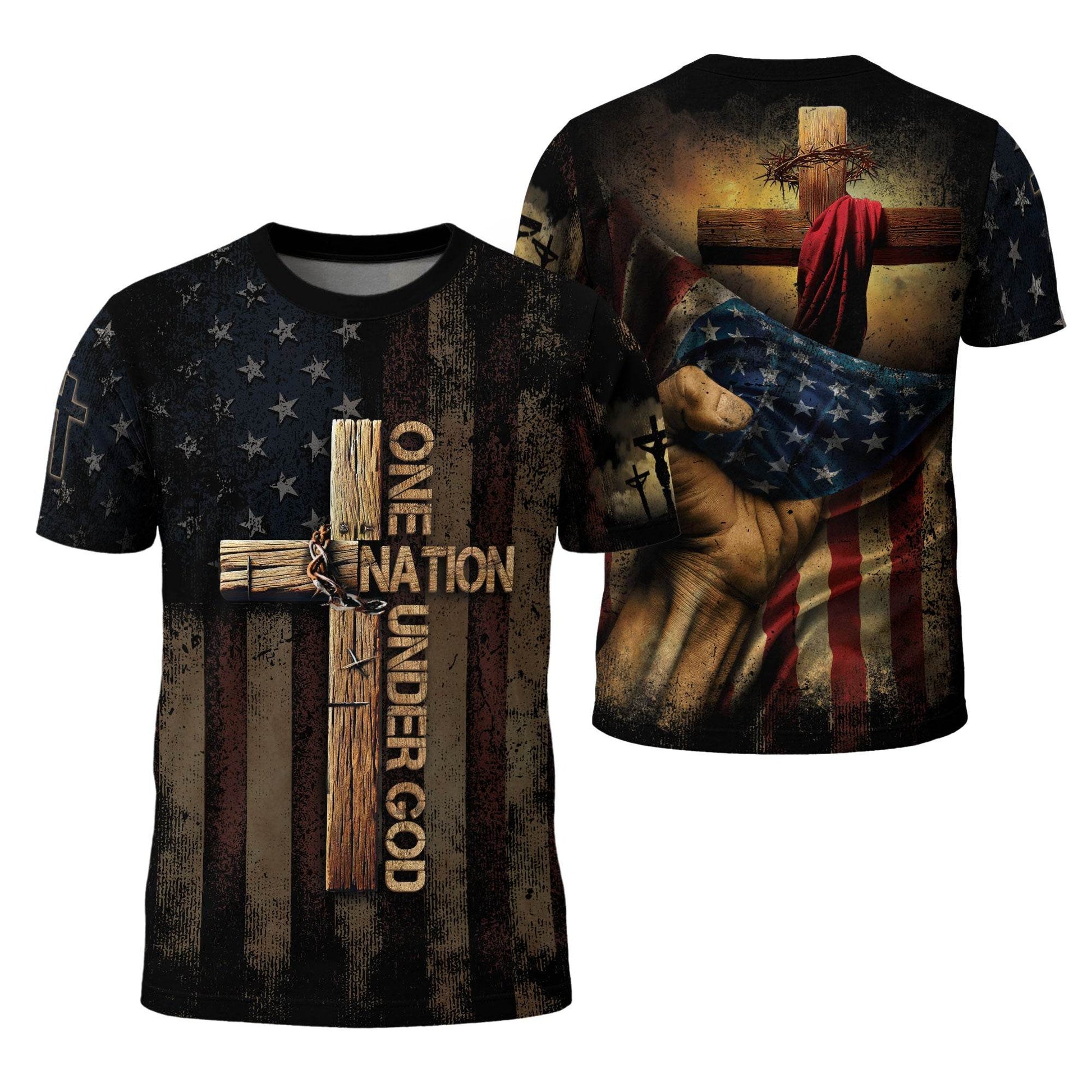 One Nation Under God | Rugged Cross & Crucified Savior Patriotic Tee - Rust Field Wear