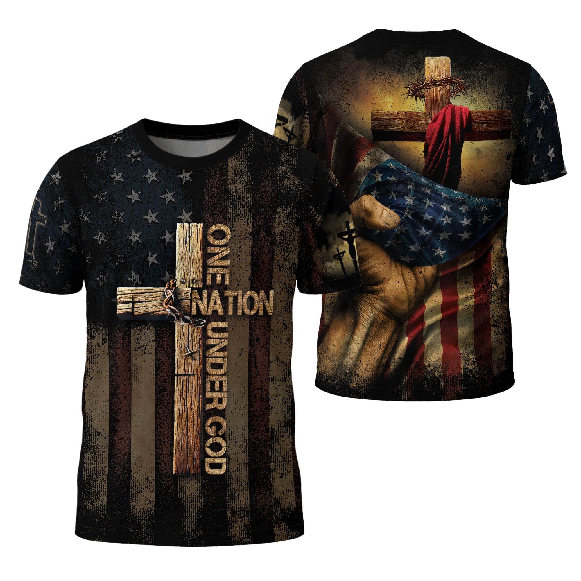 One Nation Under God | Rugged Cross & Crucified Savior Patriotic Tee - Rust Field Wear