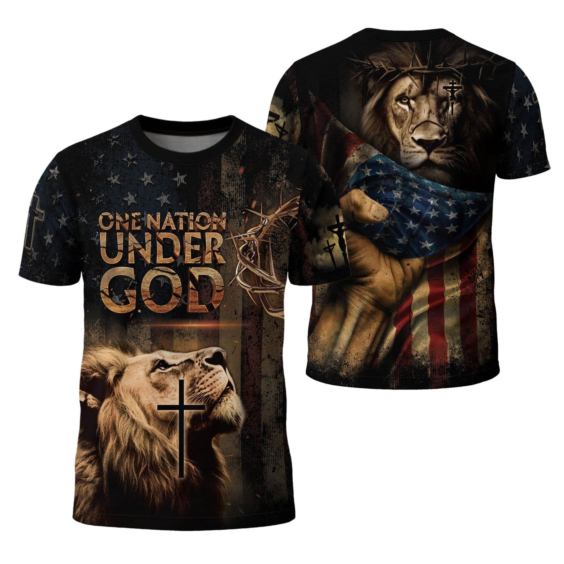 One Nation Under God | Lion of Judah & Cross Shield Christian Tee - Rust Field Wear