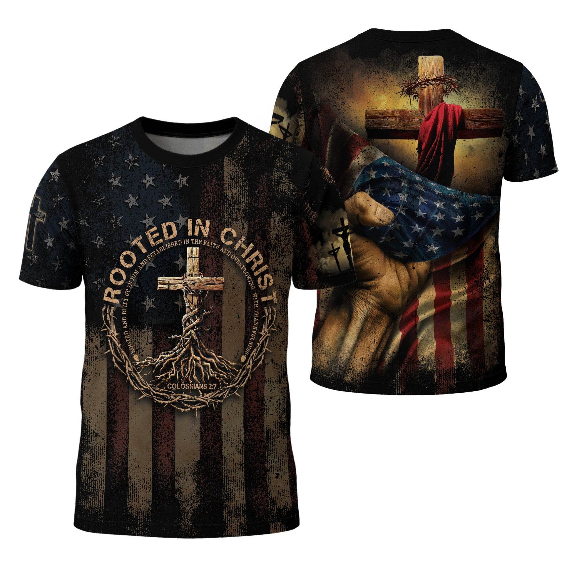 Rooted in Christ | Colossians 2:7 & Crown of Thorns Patriotic Tee - Rust Field Wear