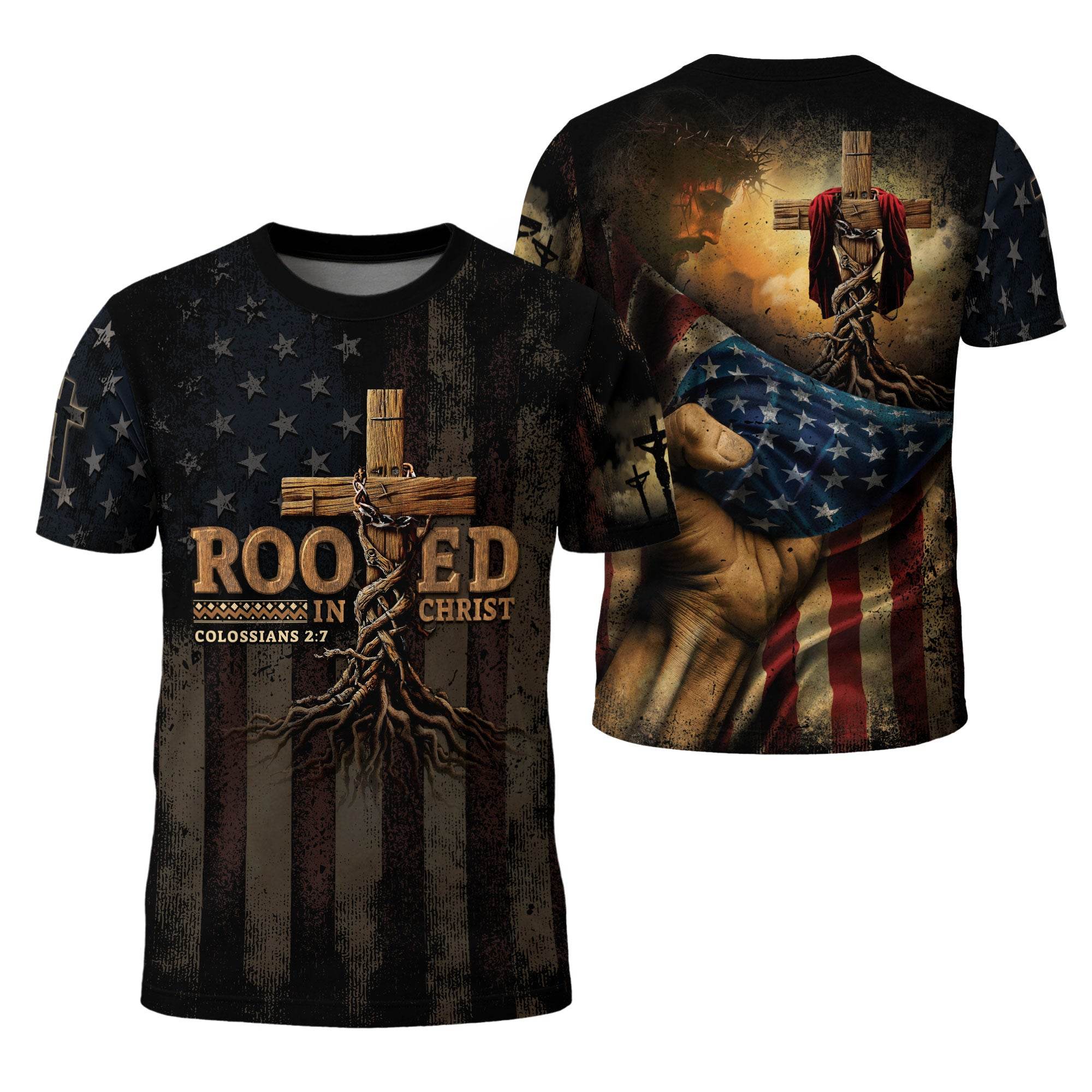 Rooted in Christ | Colossians 2:7 Cross & Vine Christian Patriot Tee - Rust Field Wear