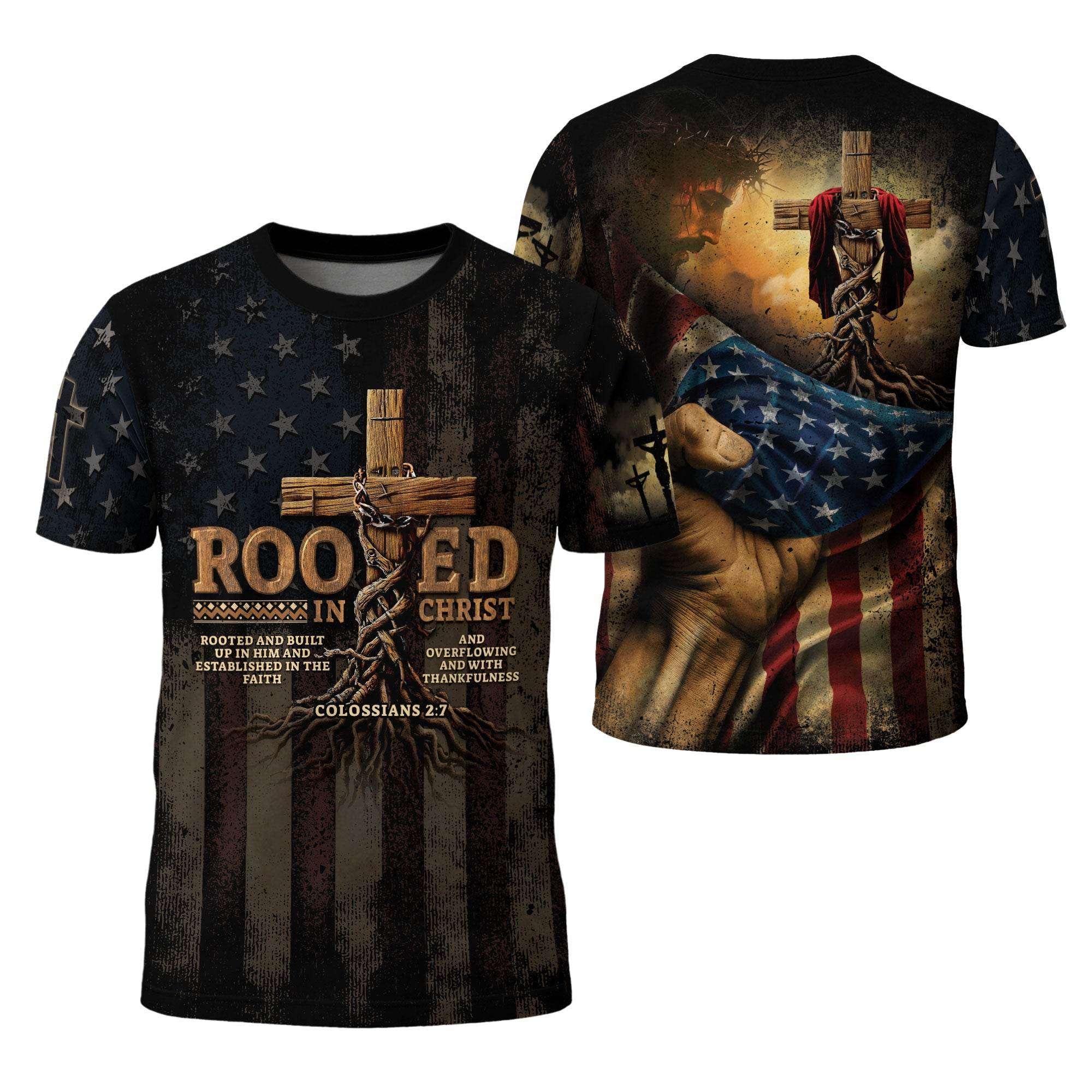 Rooted in Christ | Full Colossians 2:7 Cross & American Flag Tee - Rust Field Wear