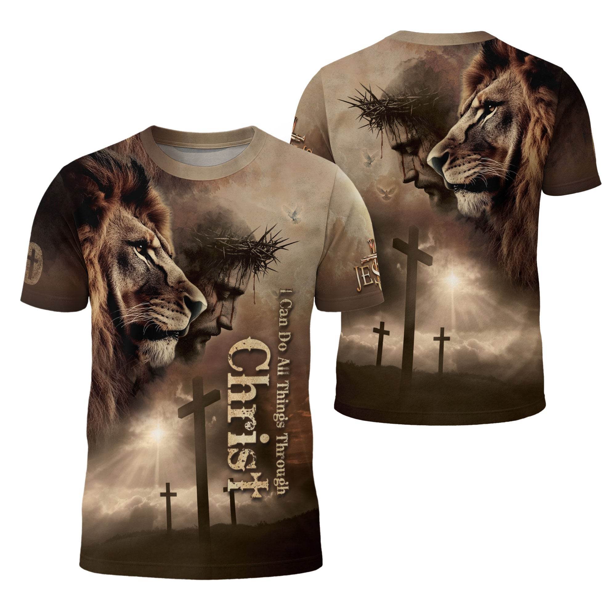 Through Christ I Stand | Lion & Cross Faith Design T-Shirt - Rust Field Wear