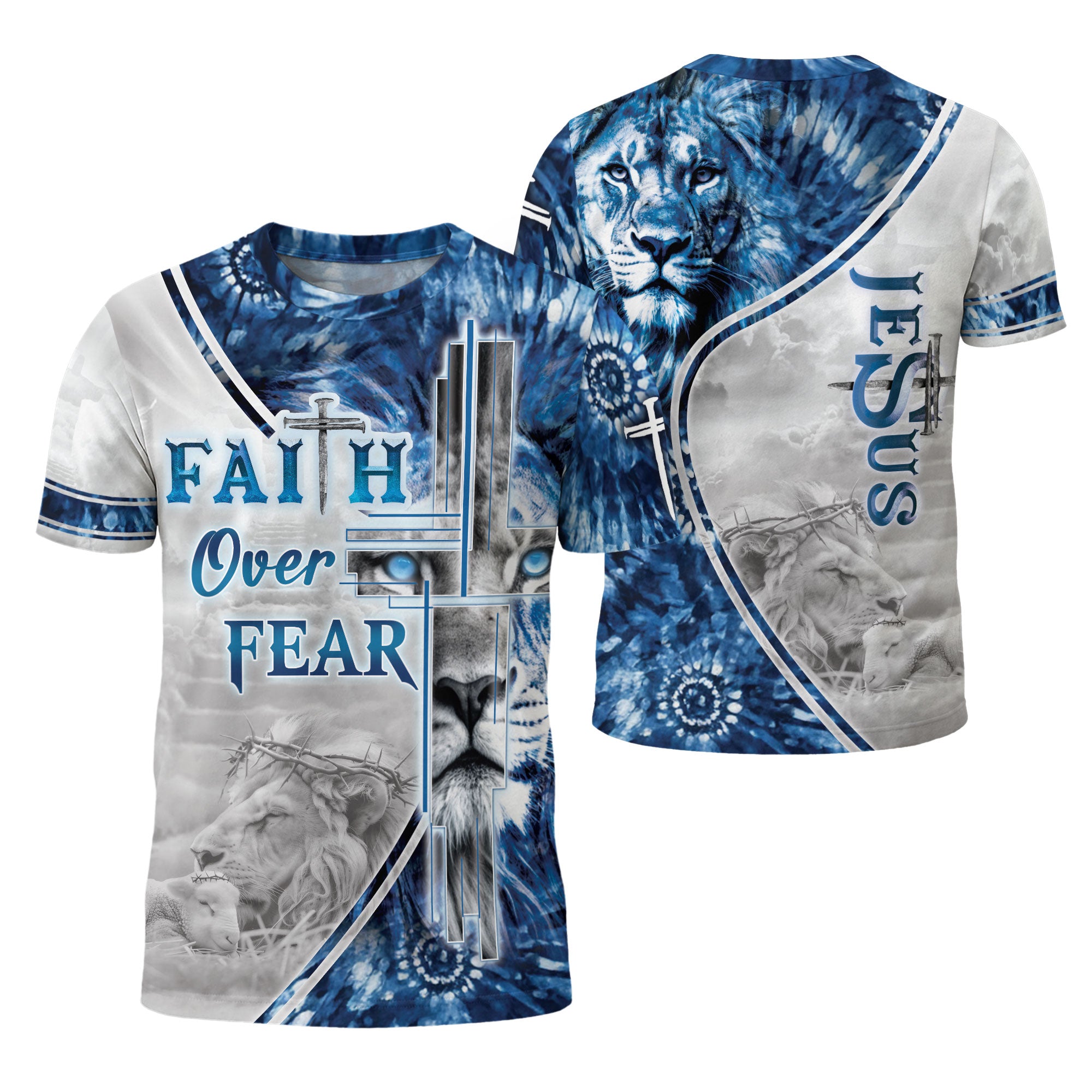 Faith Over Fear & Jesus Lion Cross T-Shirt – Christian Courage in Blue