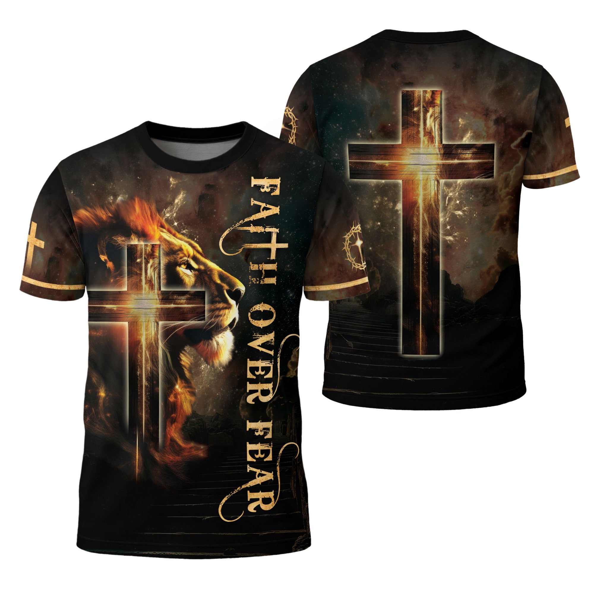 Faith Over Fear with Fiery Lion & Glowing Cross – Christian T-Shirt