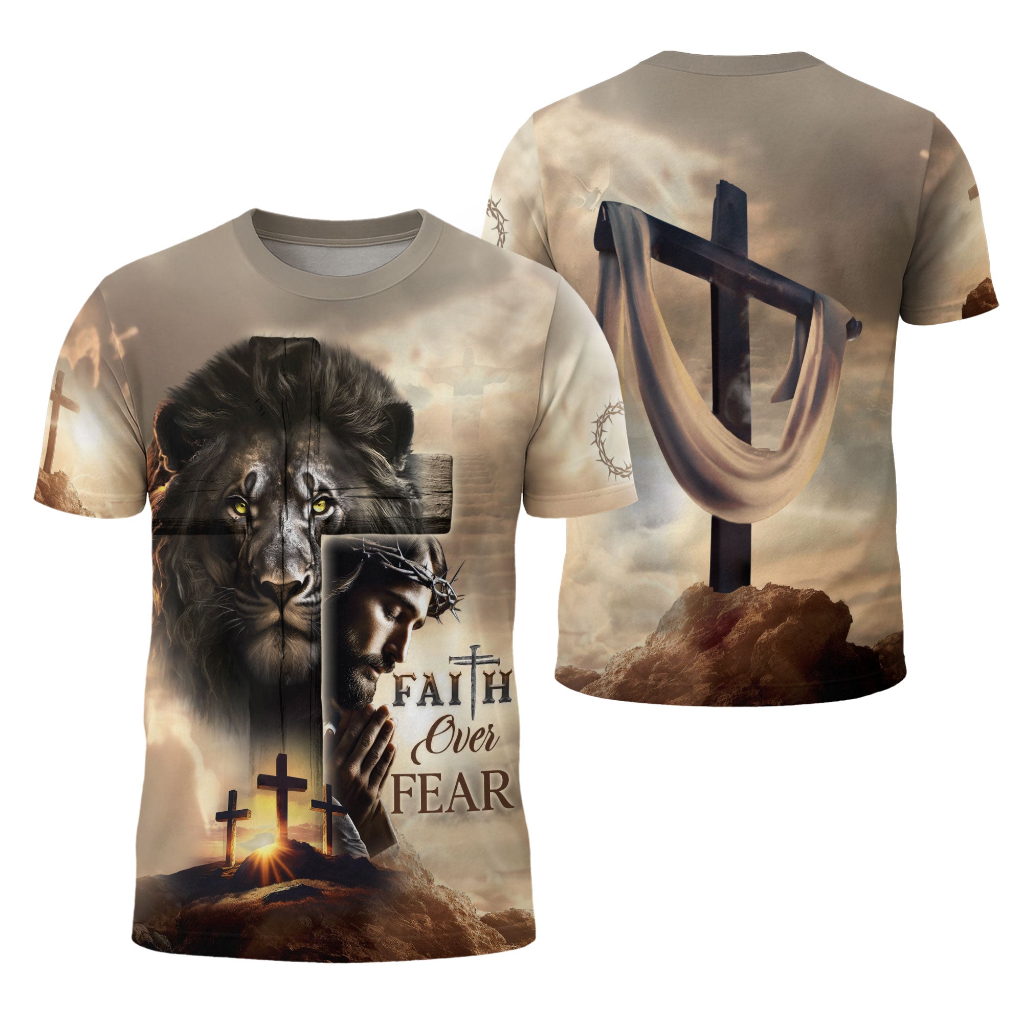 Faith Over Fear - Blood-Stained Cross & Risen Lion T-Shirt