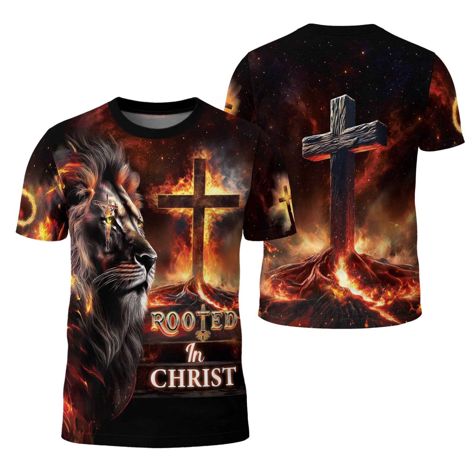 Rooted In Christ The Glowing Rooted Cross And Lion T-Shirt - Rust Field Wear