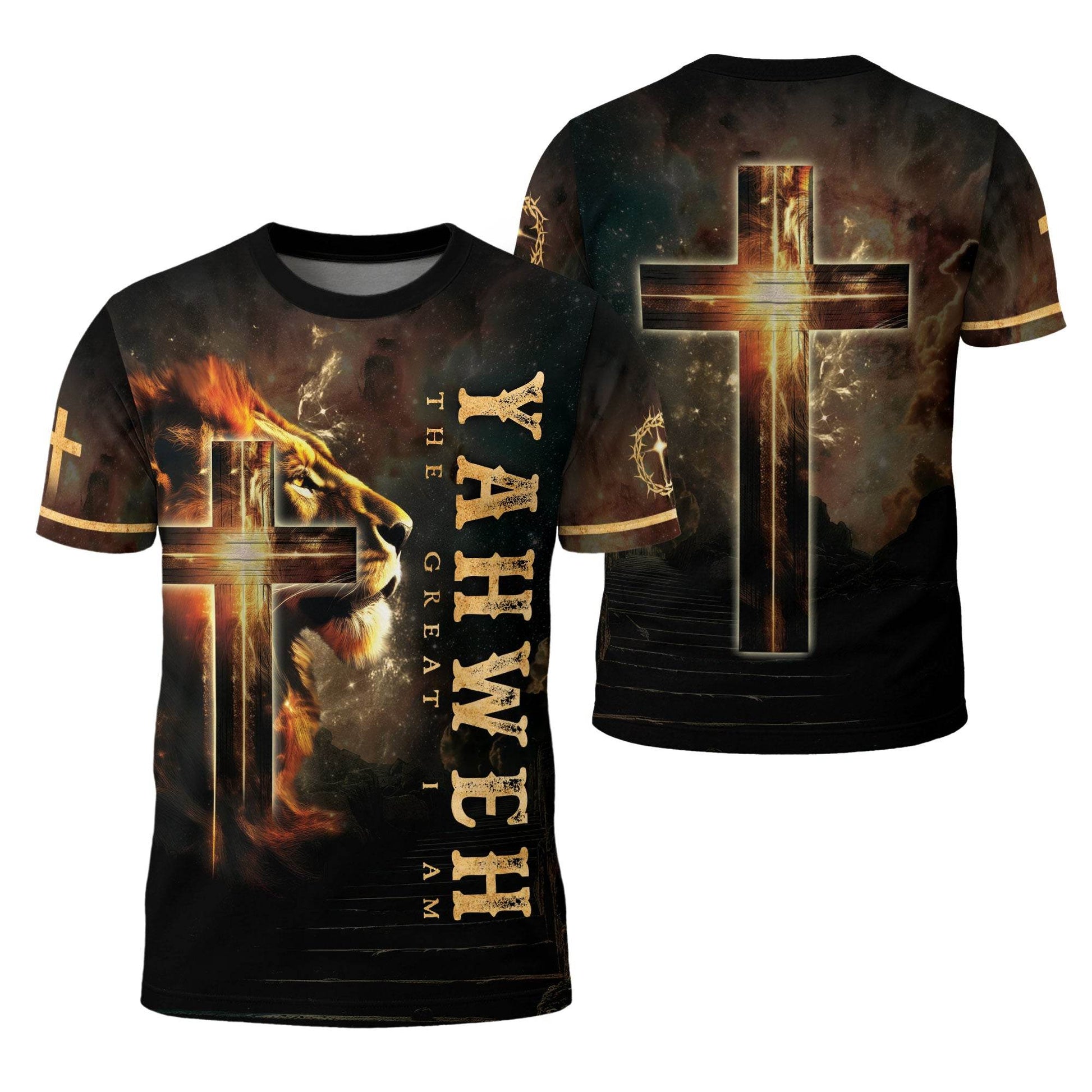 Yahweh The Great I Am Lion and Fiery Cross T-Shirt - Rust Field Wear