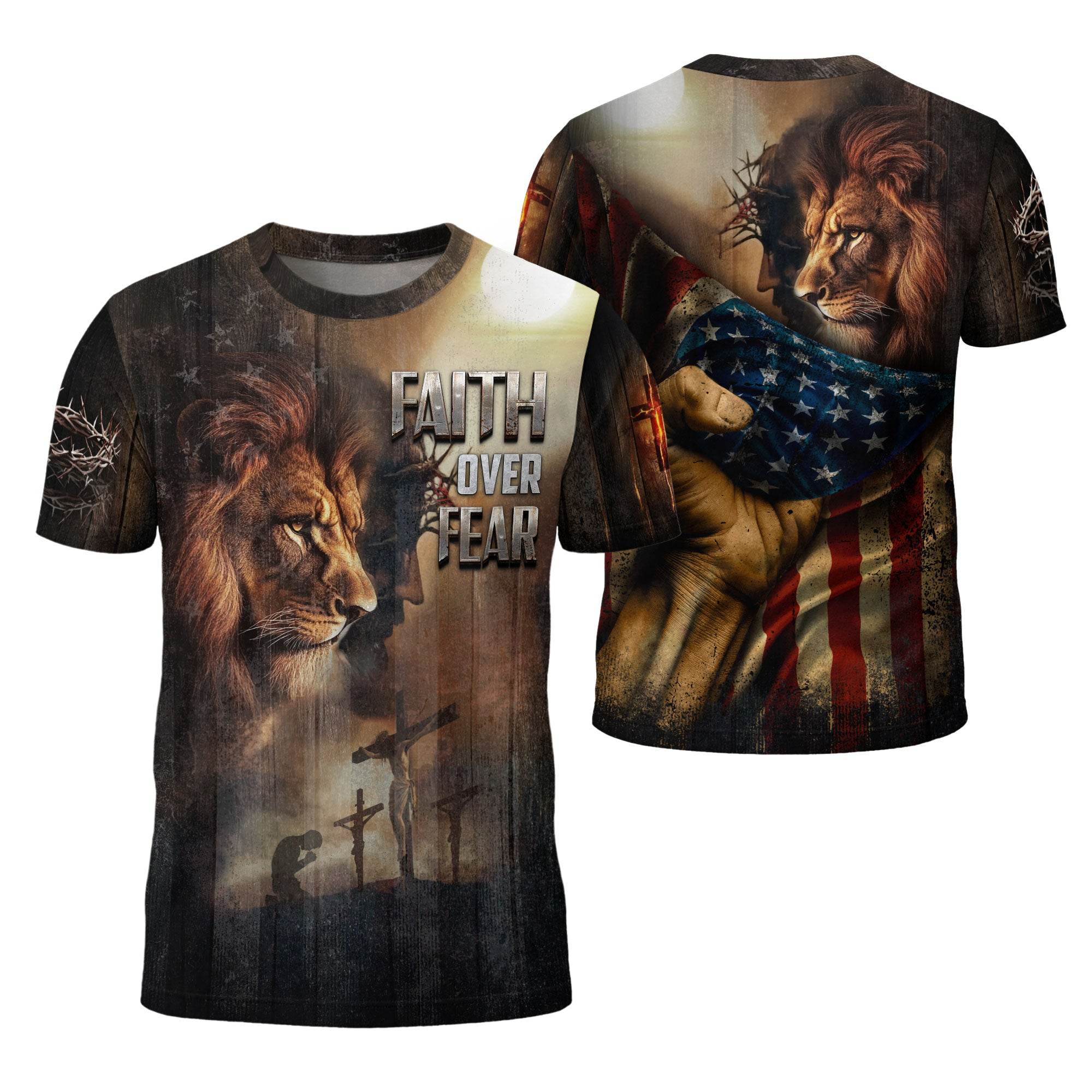 Faith Over Fear Lion & Cross Patriotic T-Shirt - Rust Field Wear