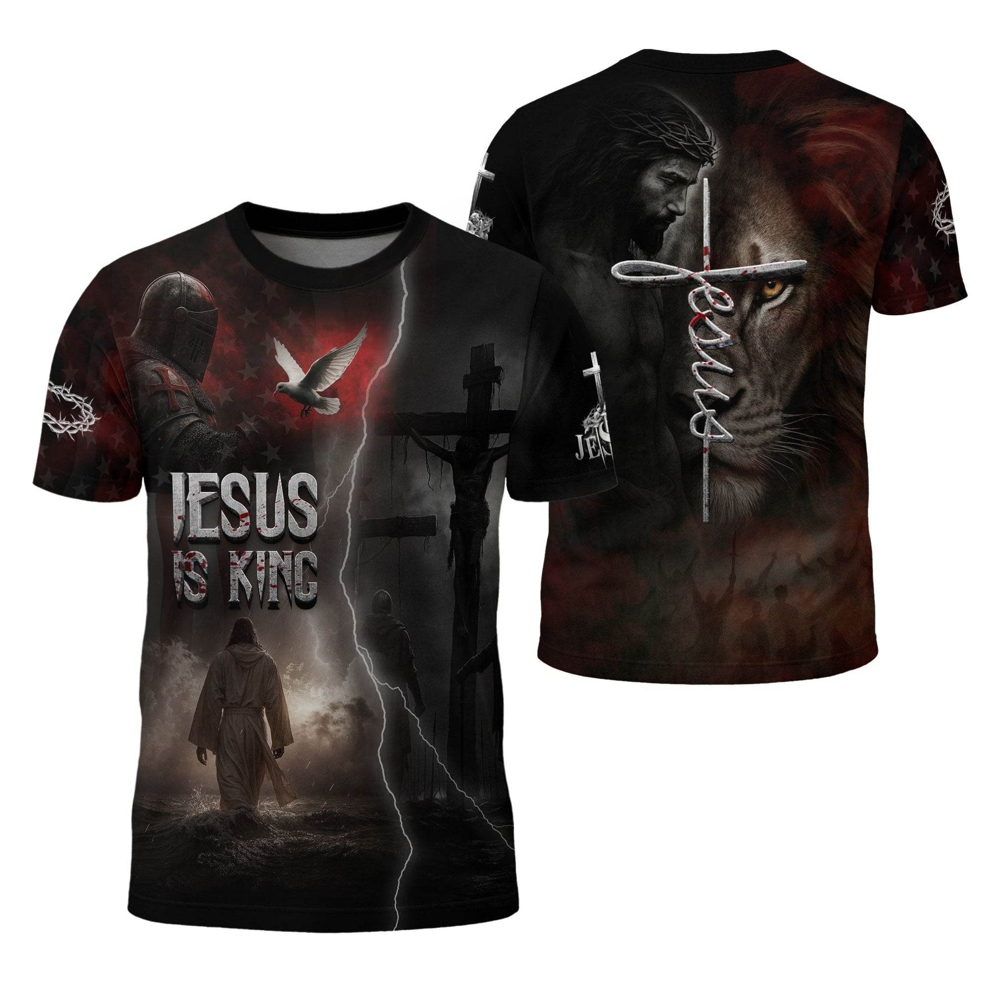 Jesus Is King Lion and Cross Blue Night Design T-Shirt - Rust Field Wear