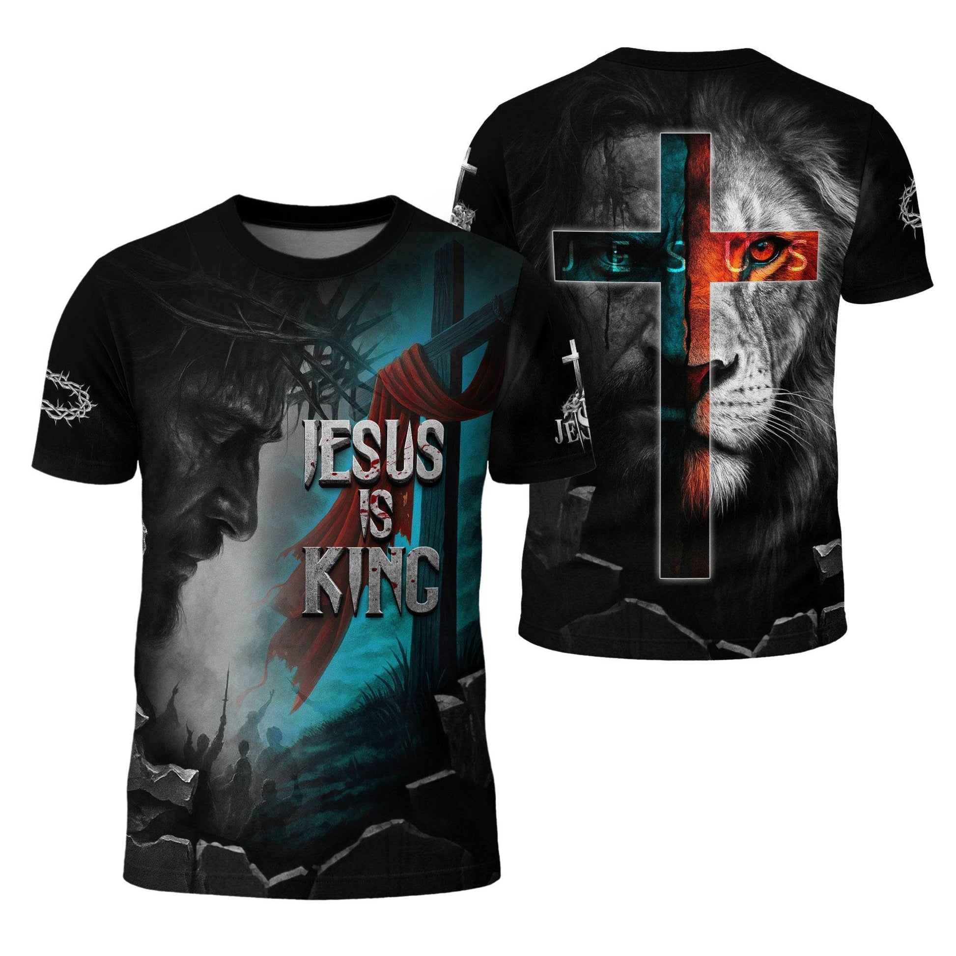Jesus Is King Lion & Cross Storm Design T-Shirt - Rust Field Wear