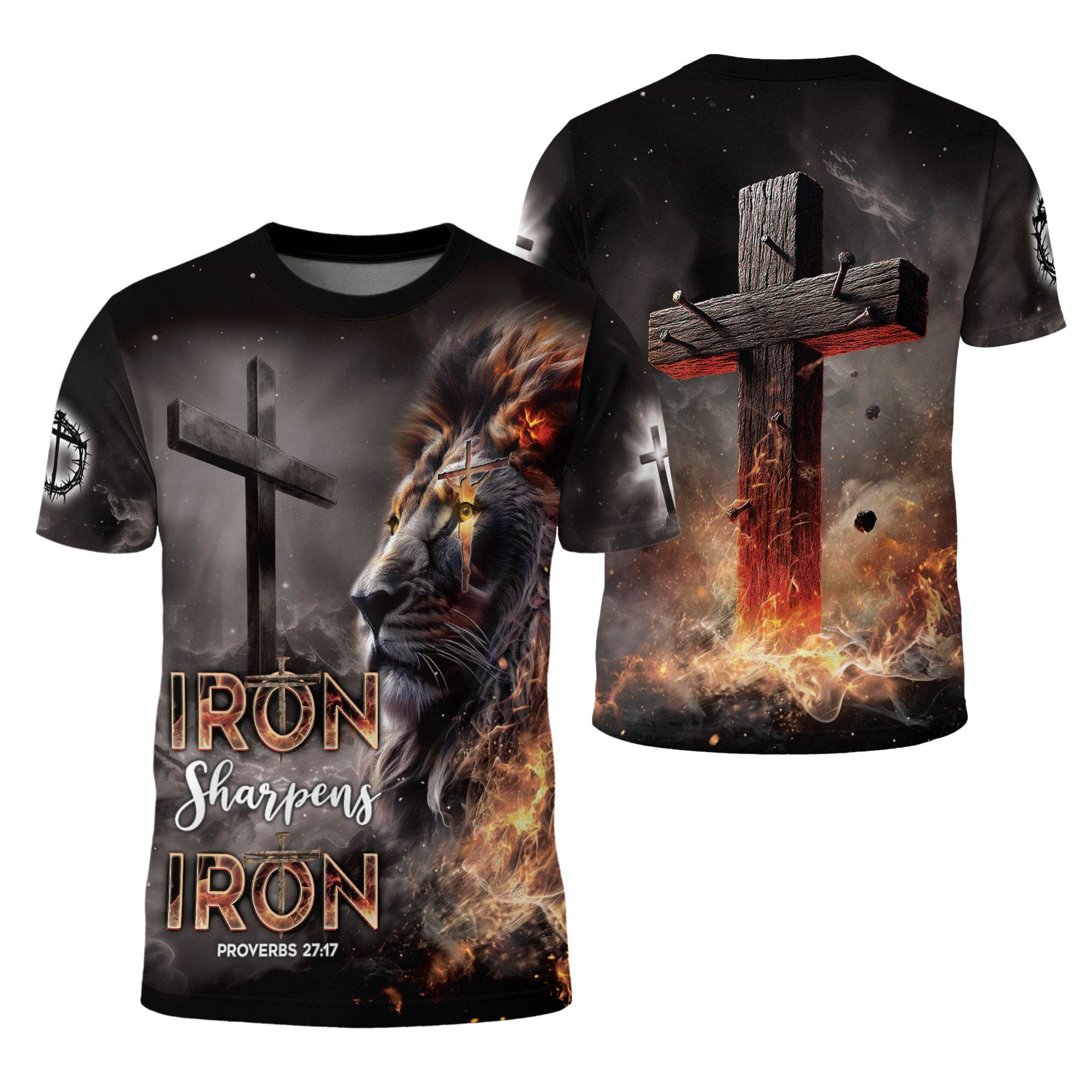 Iron Sharpens Iron Fiery Lion Cross Christian T-Shirt - Rust Field Wear