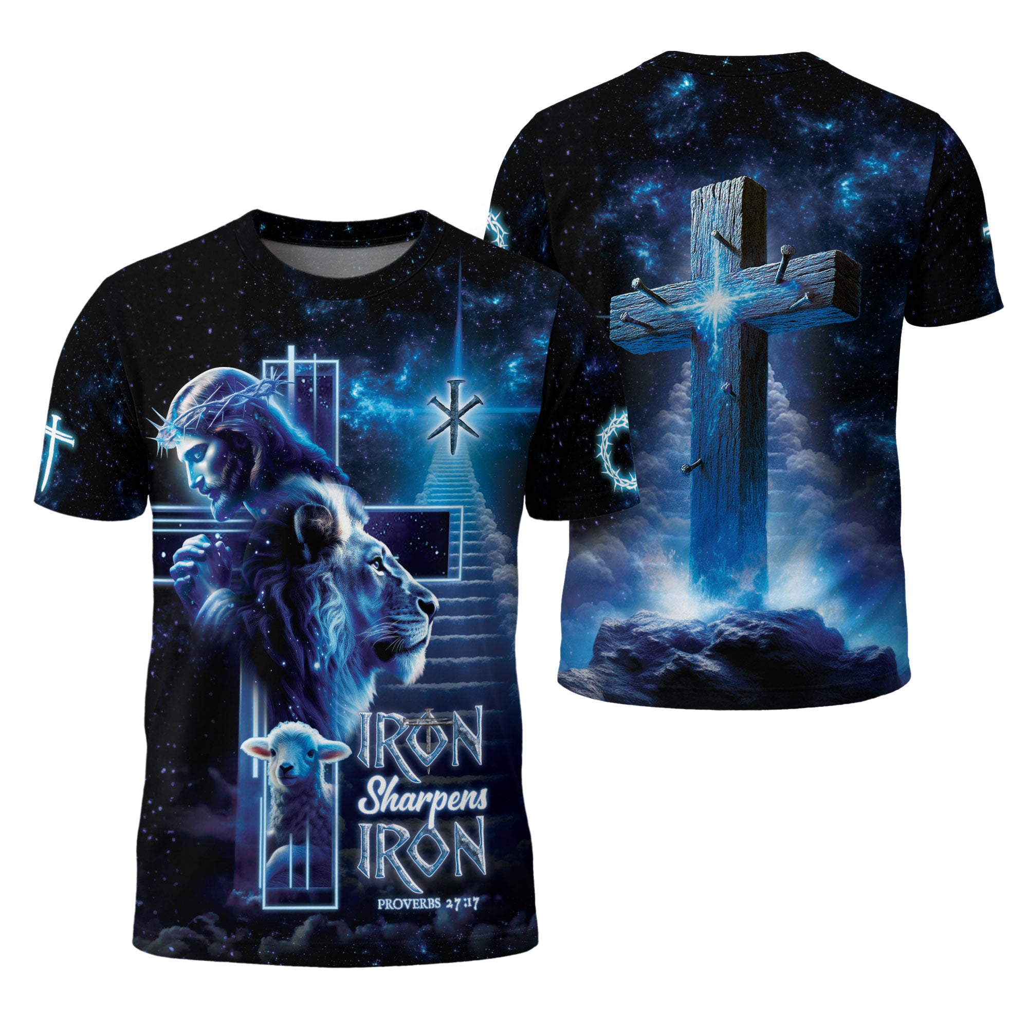 Iron Sharpens Iron Proverbs 27:17 Cosmic Christian T-Shirt