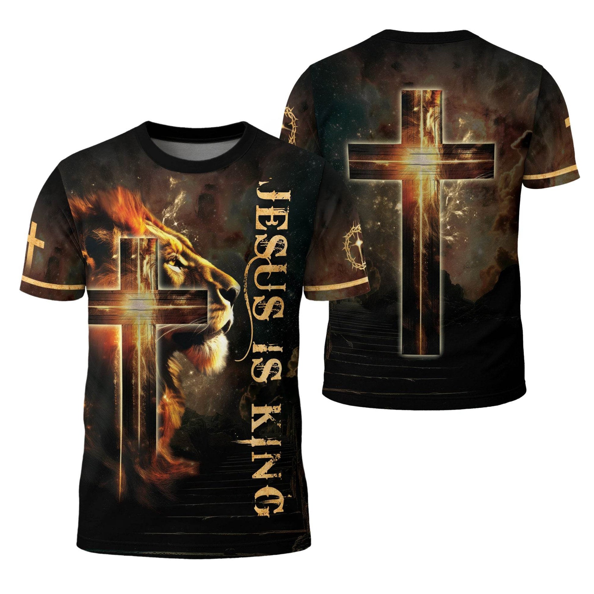 Jesus Is King Glowing Cross Of Light And Lion T-Shirt - Rust Field Wear
