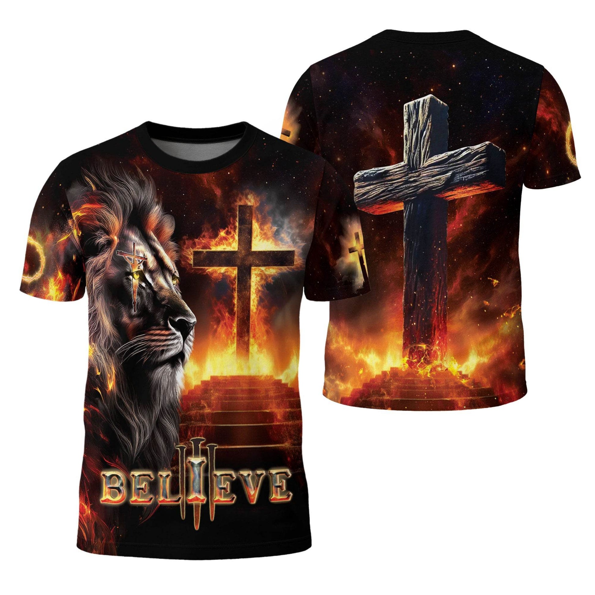 Believe In The Lion Of Judah And The Glowing Cross T-Shirt - Rust Field Wear