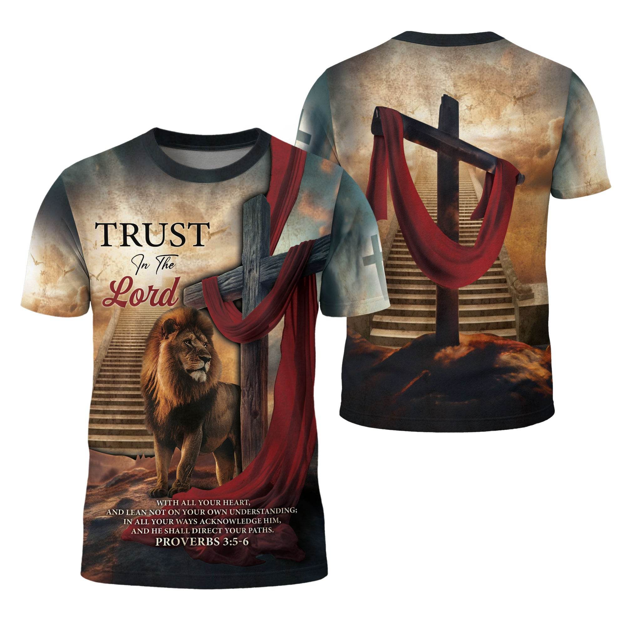 Trust In The Lord Majestic Lion And Red Sash Cross T-Shirt - Rust Field Wear