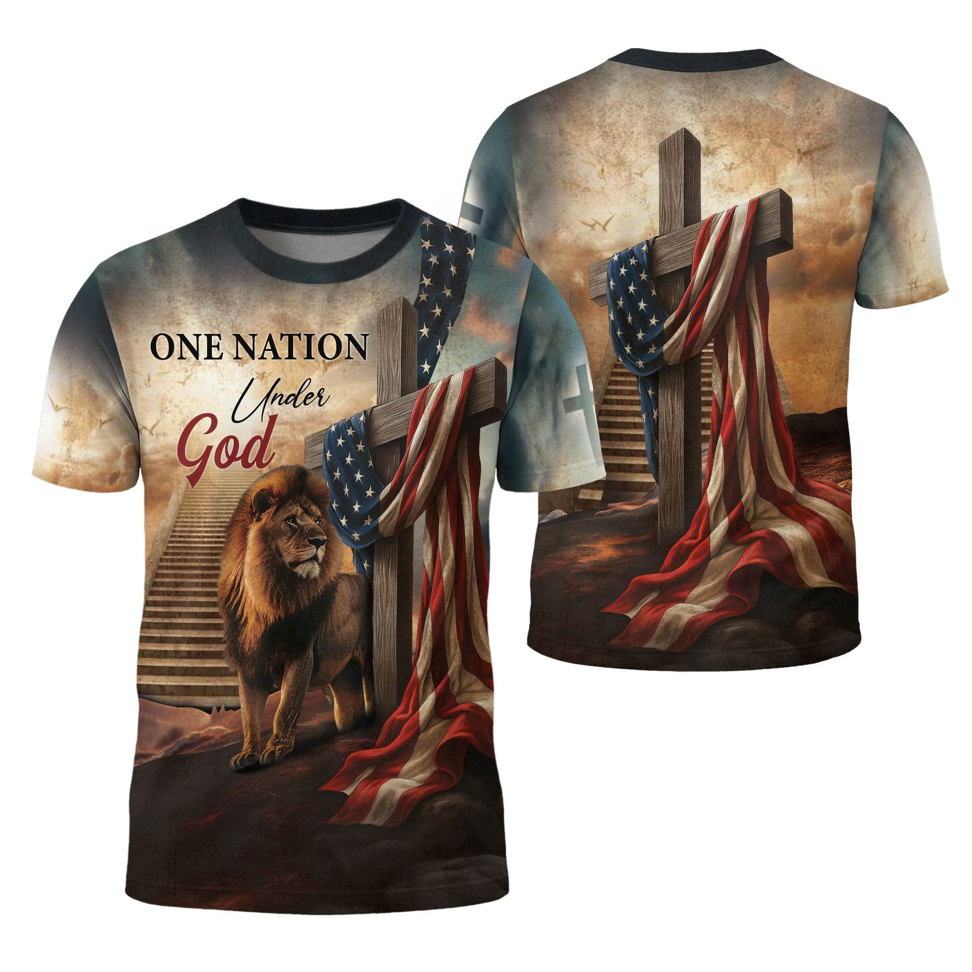 One Nation Under God Lion Cross Heaven Stairs T-Shirt - Rust Field Wear