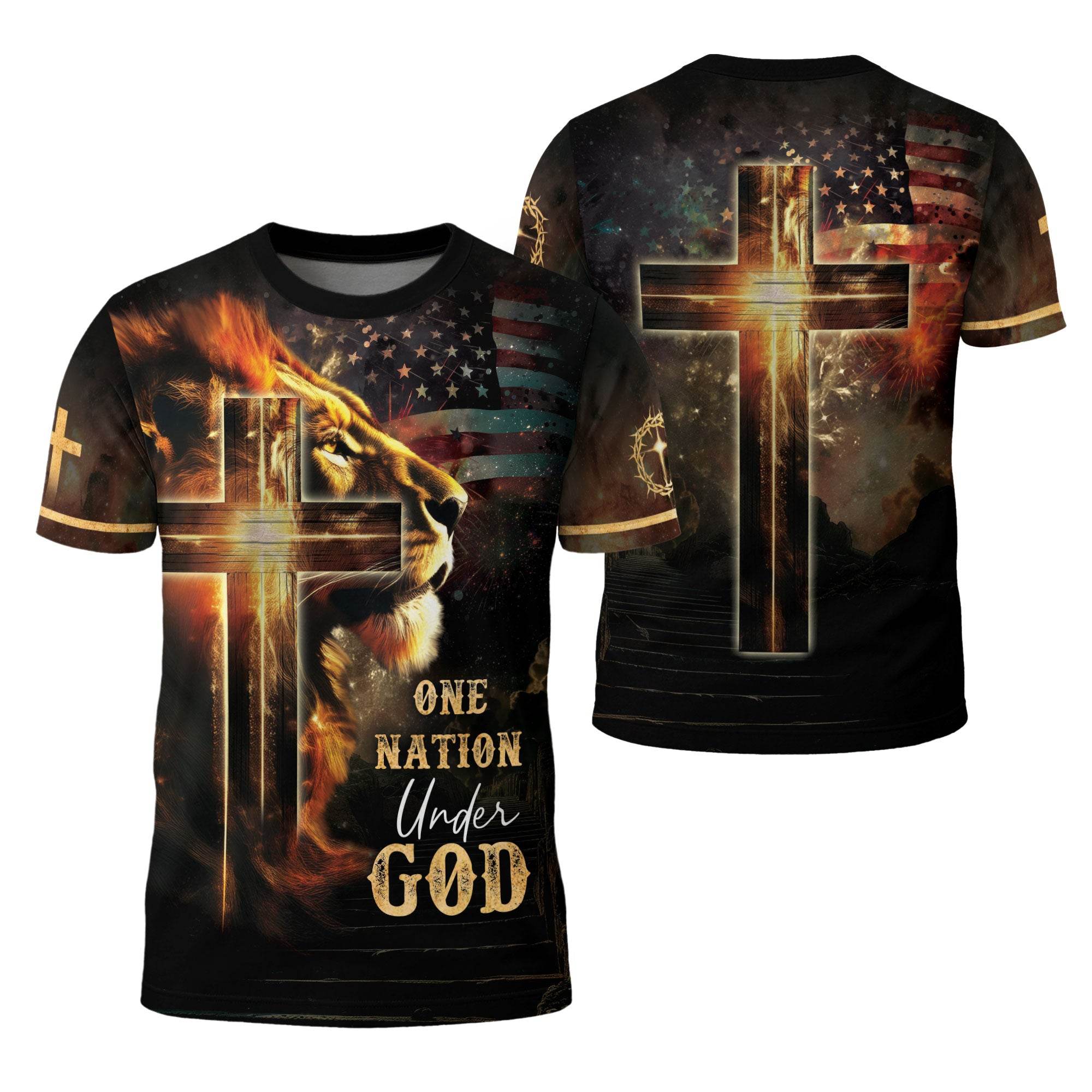 One Nation Under God Lion Cross American Flag T-Shirt - Rust Field Wear